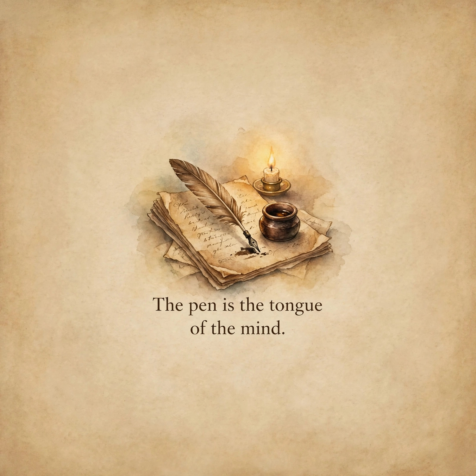 A quill and manuscript card with the quote "The pen is the tongue of the mind."