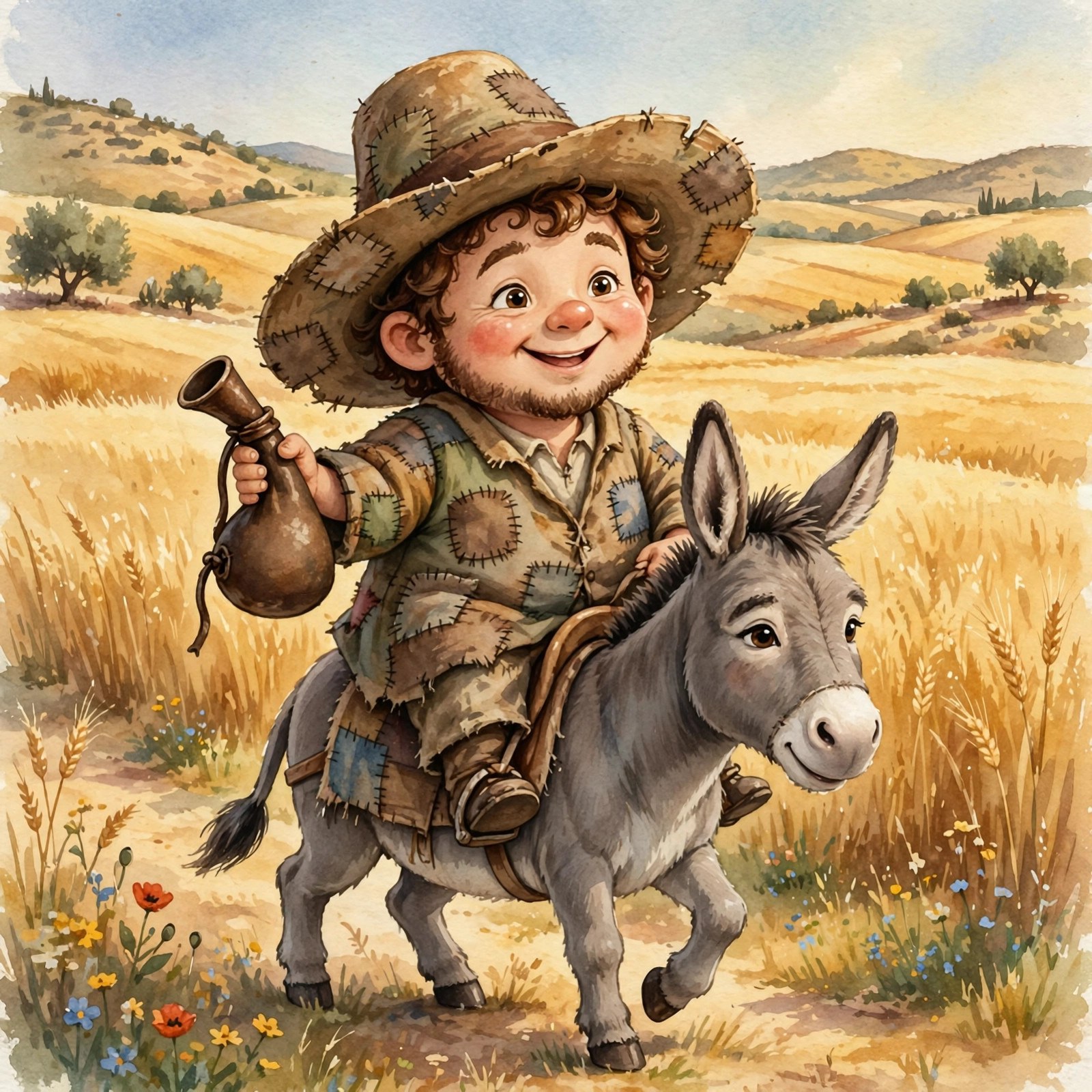 Sancho Panza portrait card with Dapple the donkey.