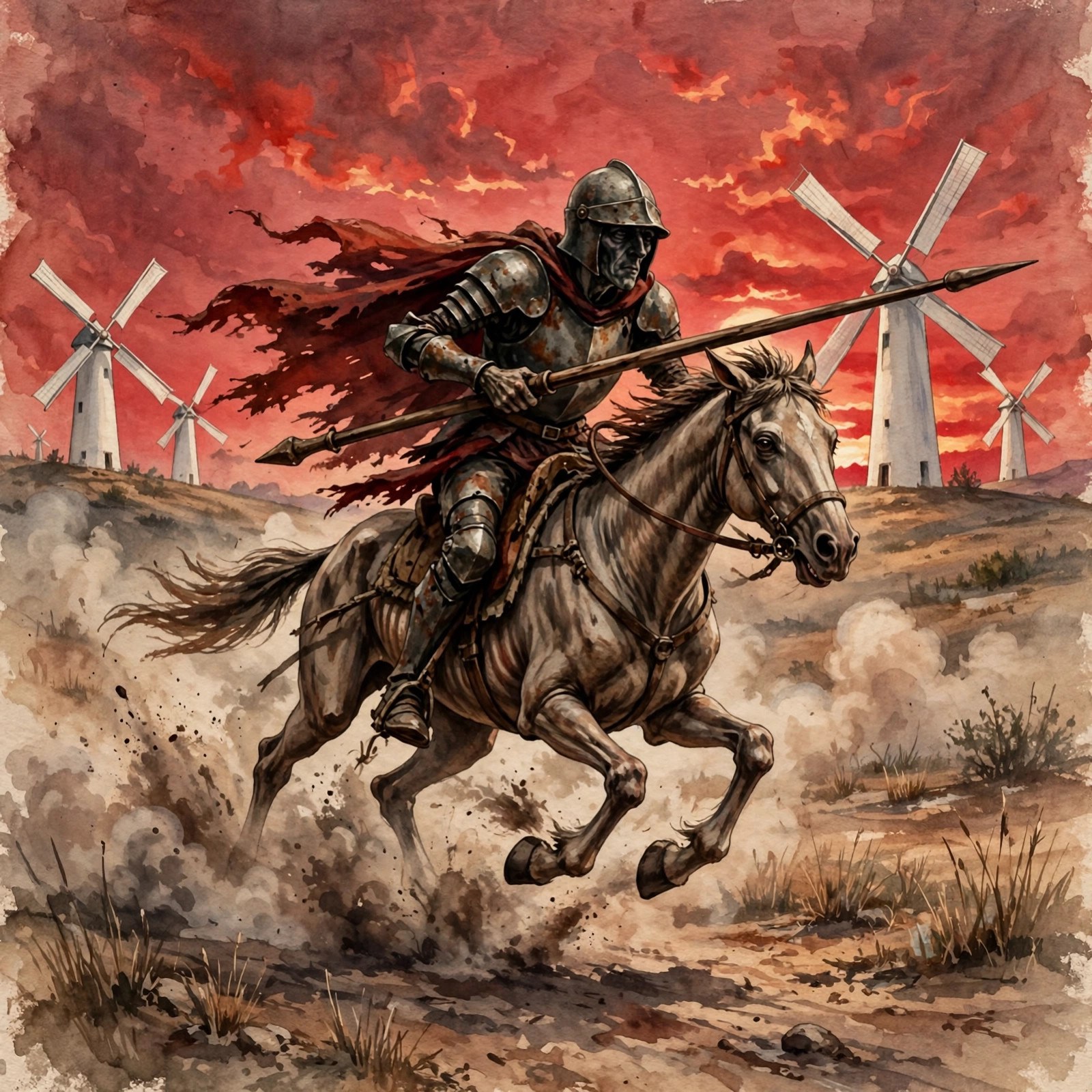 Wide windmill charge scene card, the knight riding at the mills.