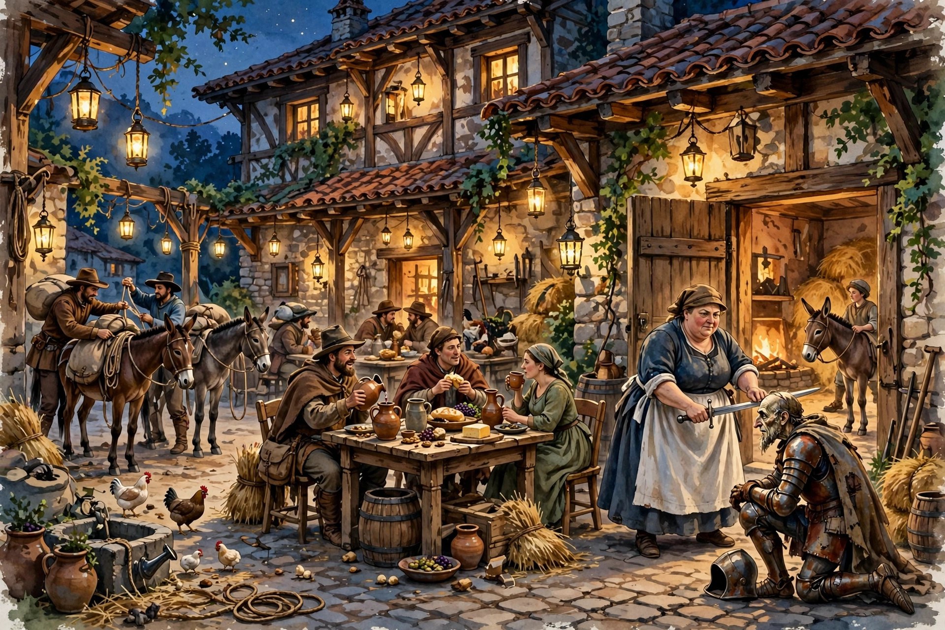 Travelers and goods in a 1600s Spanish inn courtyard
