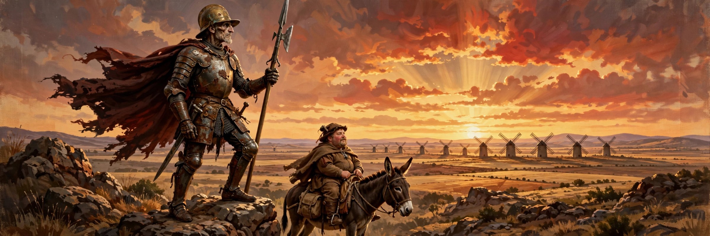 The Don Quixote character stream banner: the knight riding at sunset
