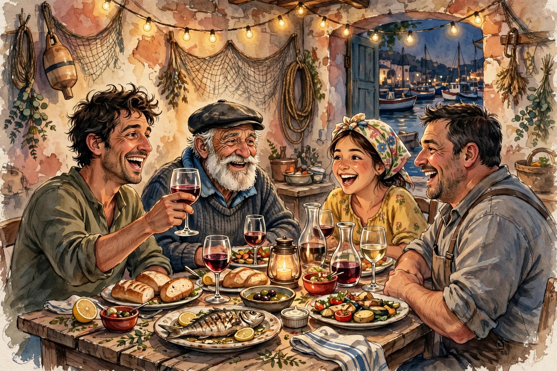 AI-generated illustration of Rafael and his invented harbor crew sharing a meal at the cantina