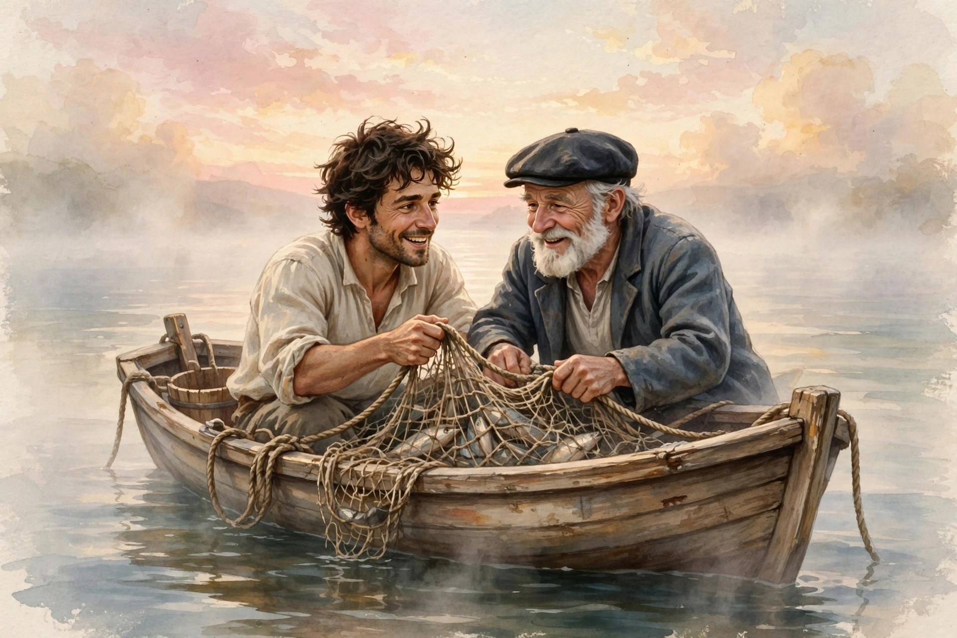 AI-generated illustration of Rafael and old Luca hauling nets from a fishing boat at dawn