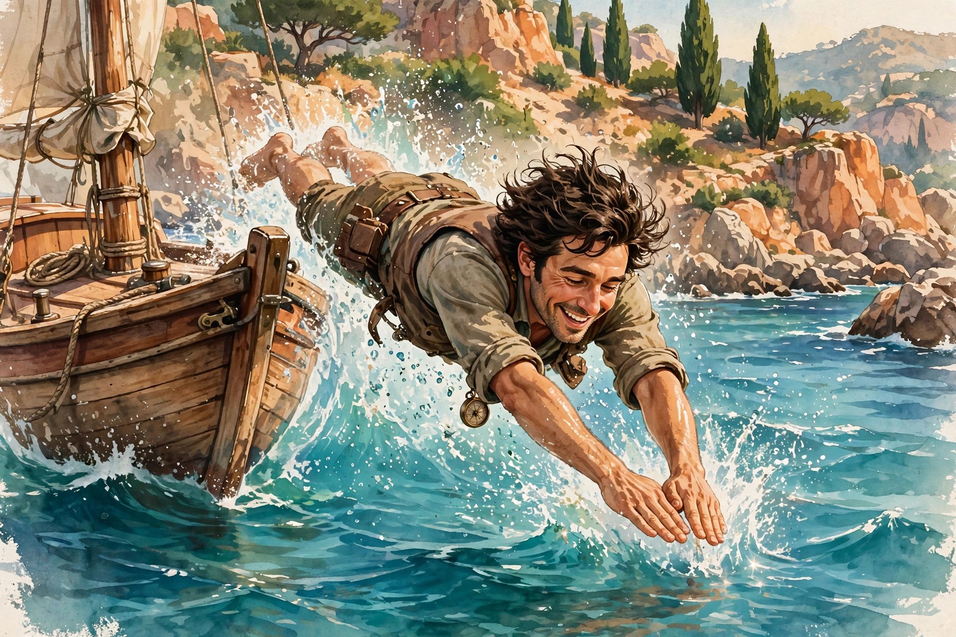 AI-generated illustration of Rafael Moretti diving off the bow of his sailboat into turquoise water