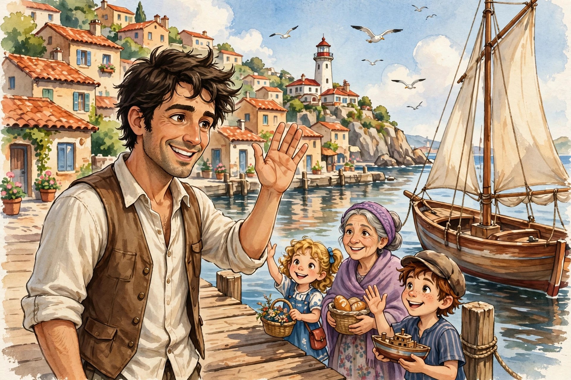 AI-generated illustration of Rafael Moretti waving to fans on a sunny harbor dock