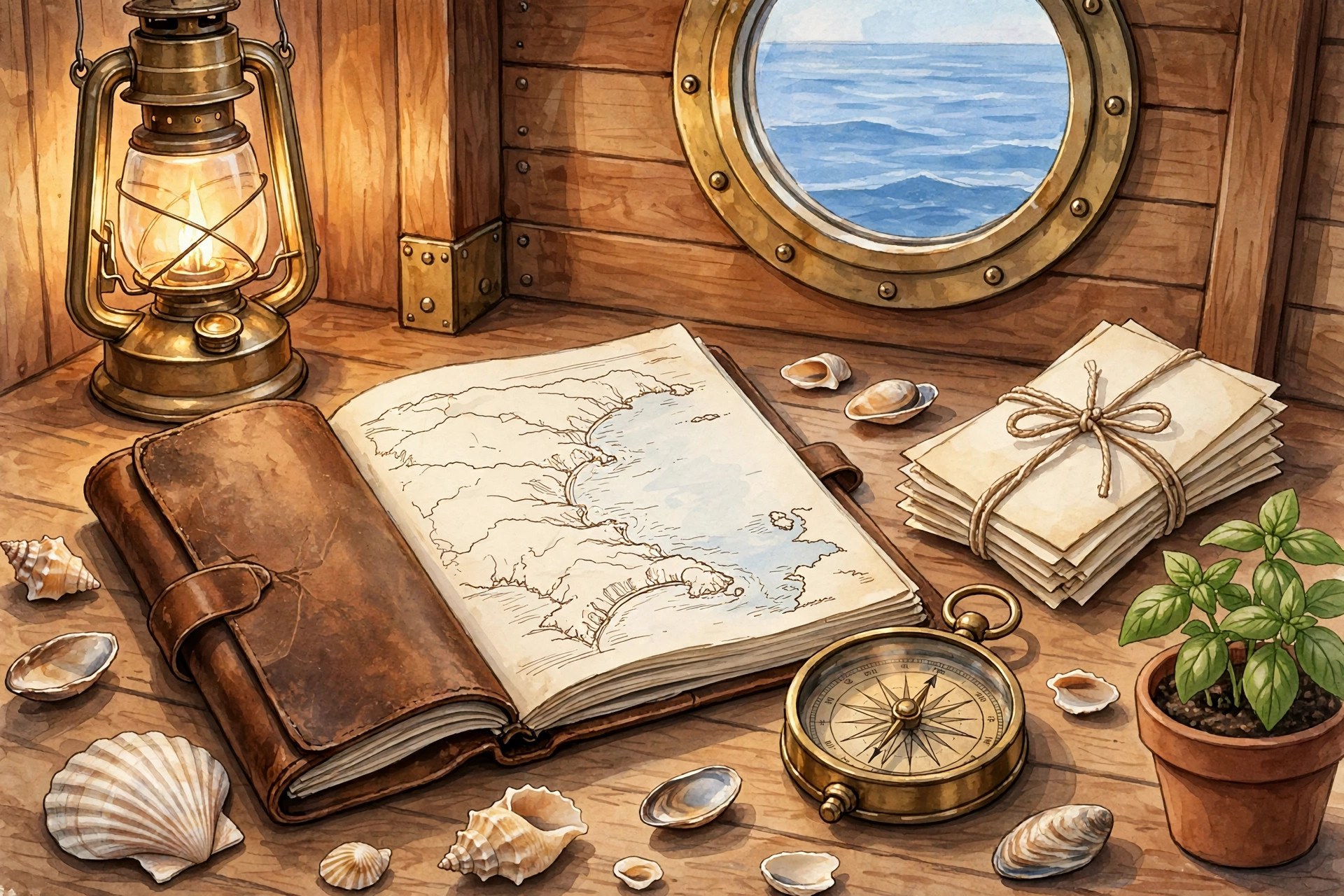 AI-generated still life of a sailor's chart table with journal, compass, and shells