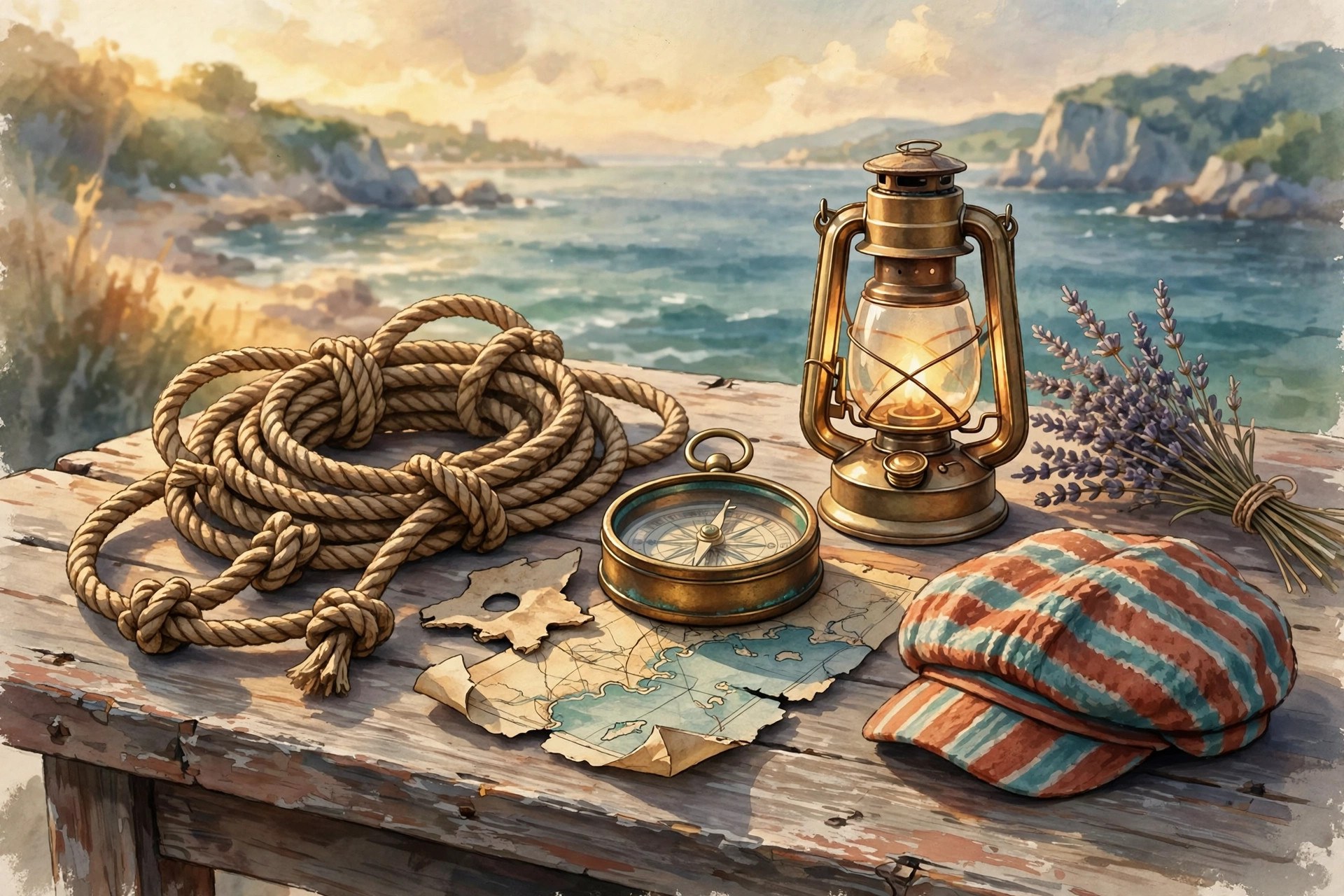 AI-generated still life of sailor's rope knots, a brass compass, and a sea chart