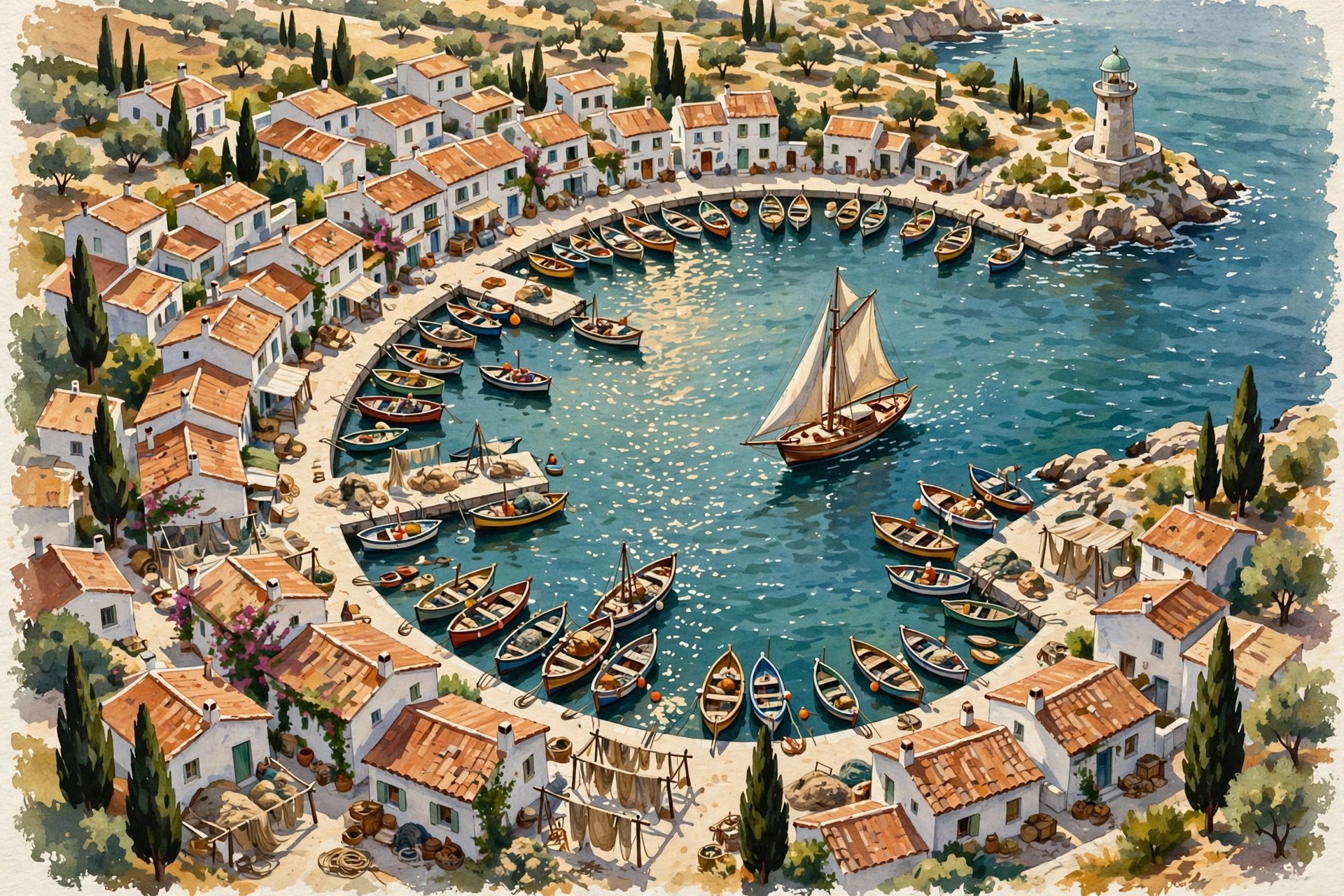 AI-generated aerial illustration of the fictional Porto Chiaro harbor with colorful fishing boats