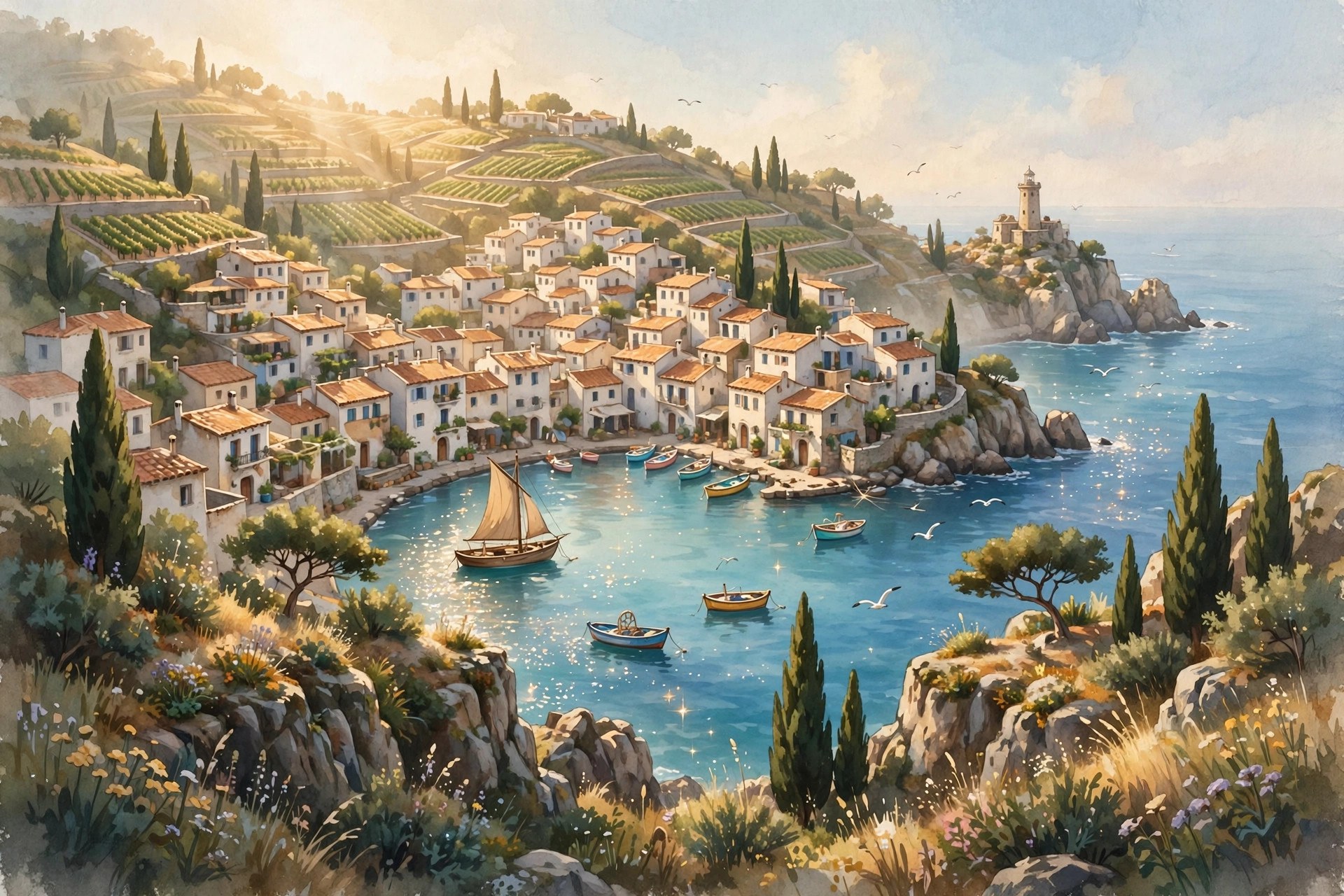 AI-generated illustration of the fictional harbor town of Porto Chiaro seen from sea cliffs at morning