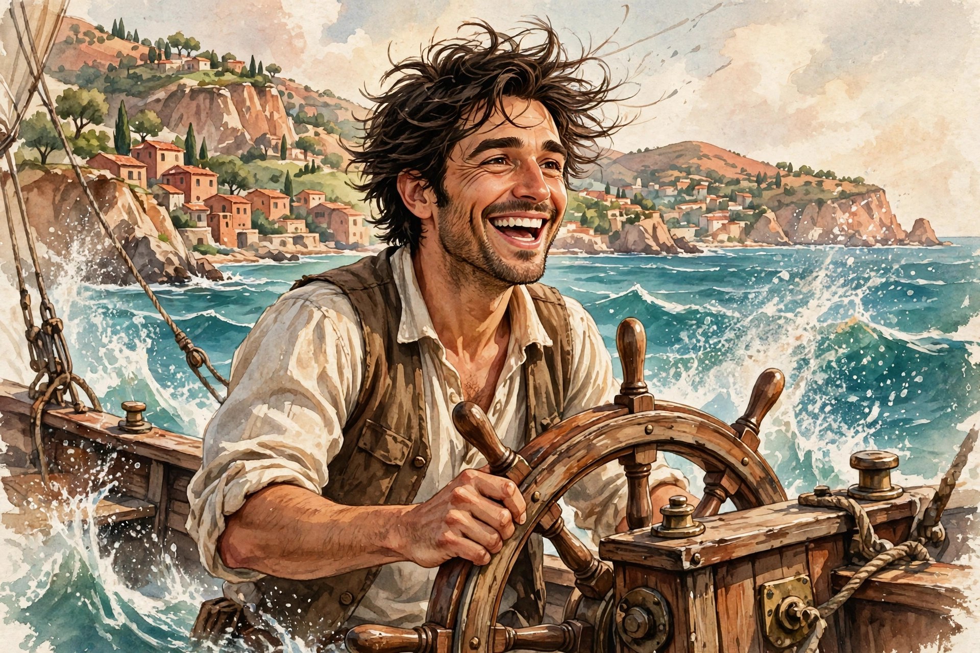 AI-generated illustration of Rafael Moretti laughing at the helm of his sailboat
