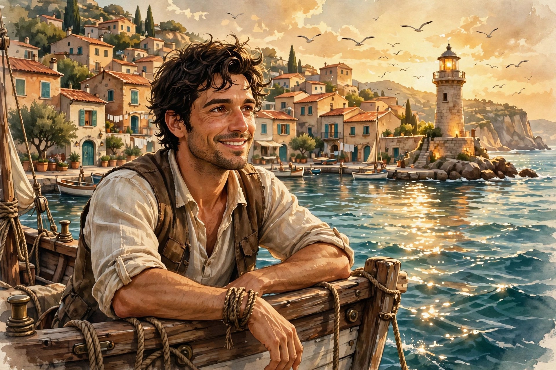 AI-generated illustration of Rafael Moretti leaning on the rail of his sailboat in a sunlit Mediterranean harbor at golden hour