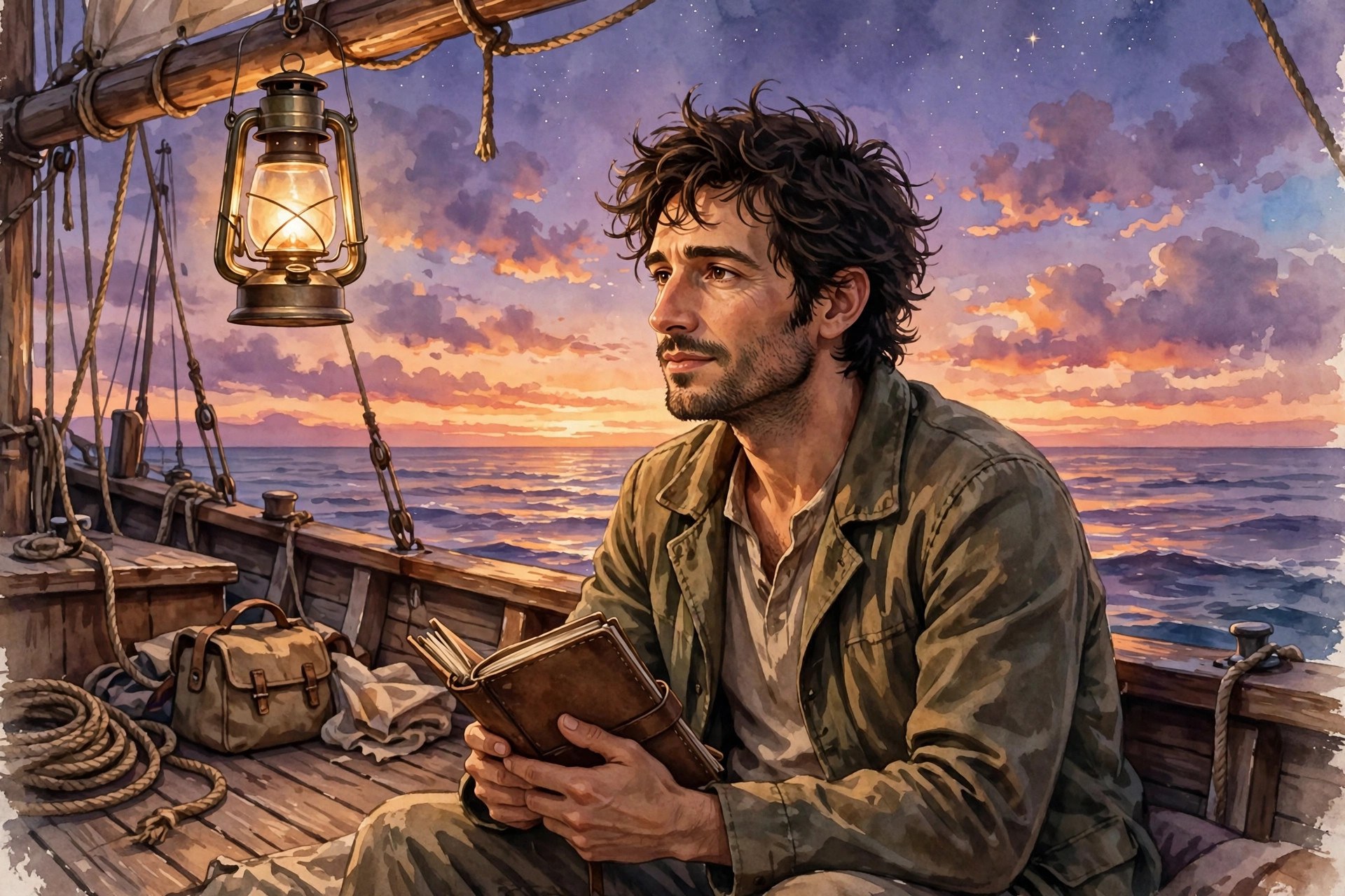 AI-generated illustration of Rafael Moretti on deck at dusk by lantern light with a journal