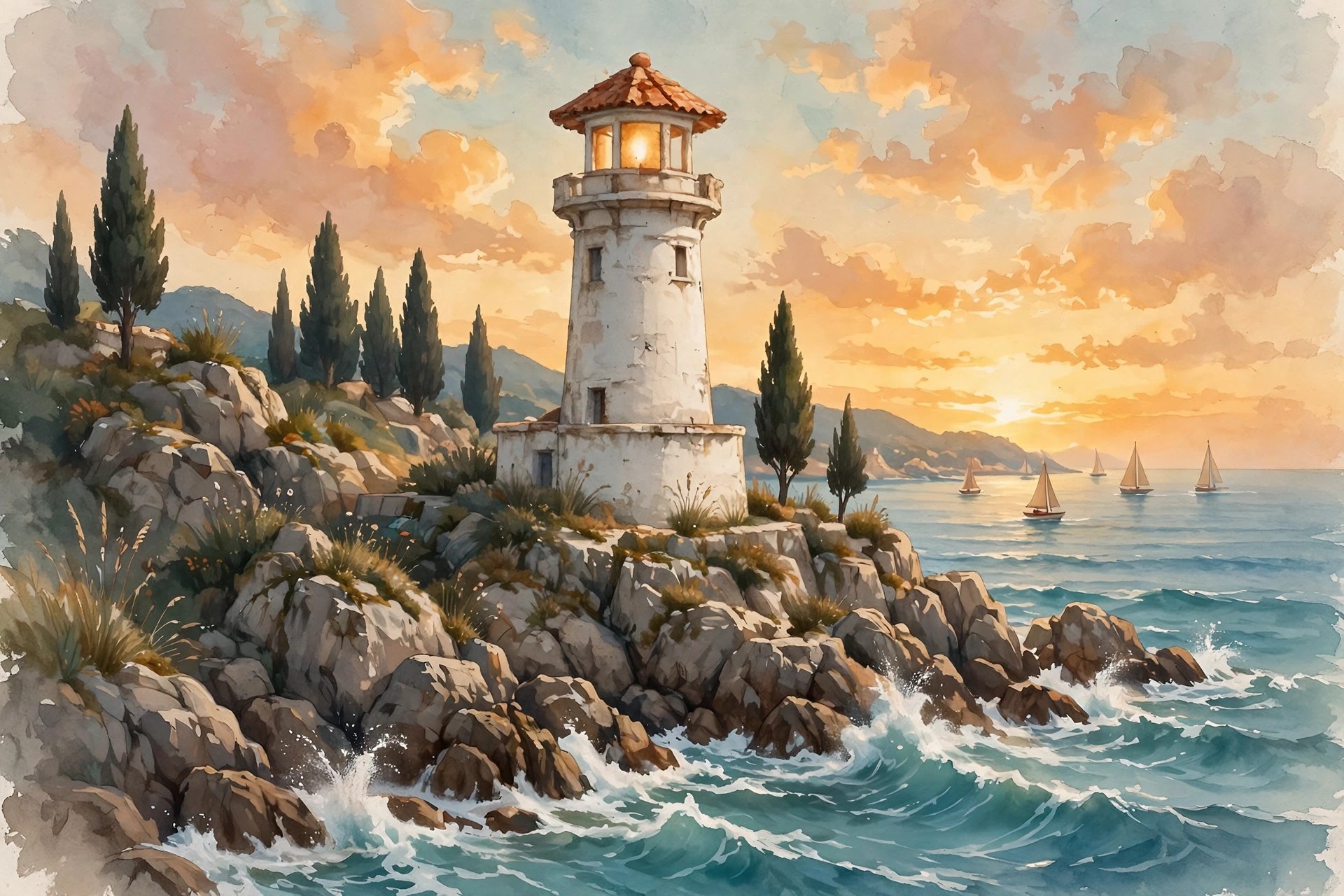AI-generated illustration of the stone lighthouse at Faro Point at golden sunset