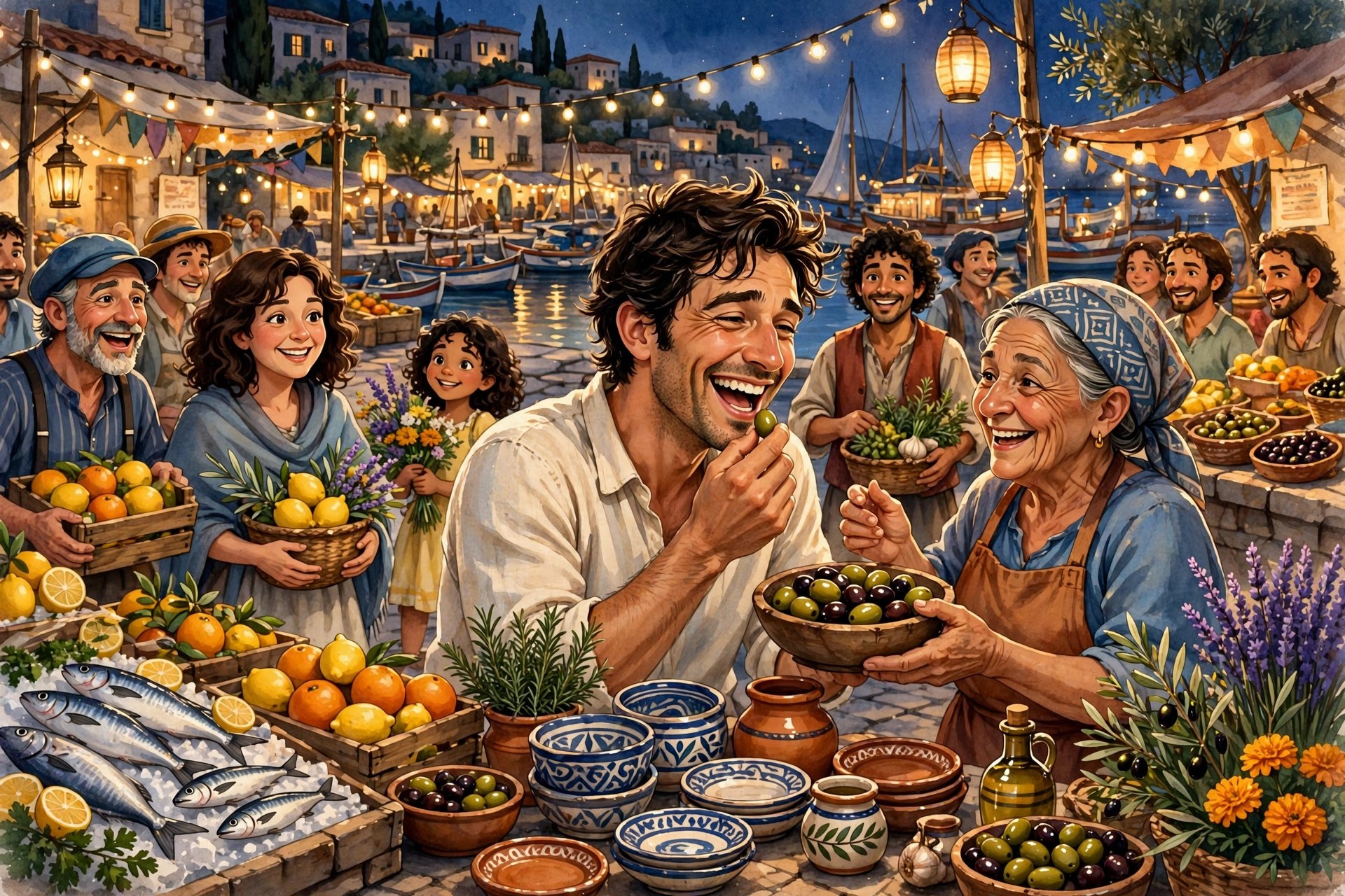 AI-generated illustration of the lantern-lit night market on the harbor quay