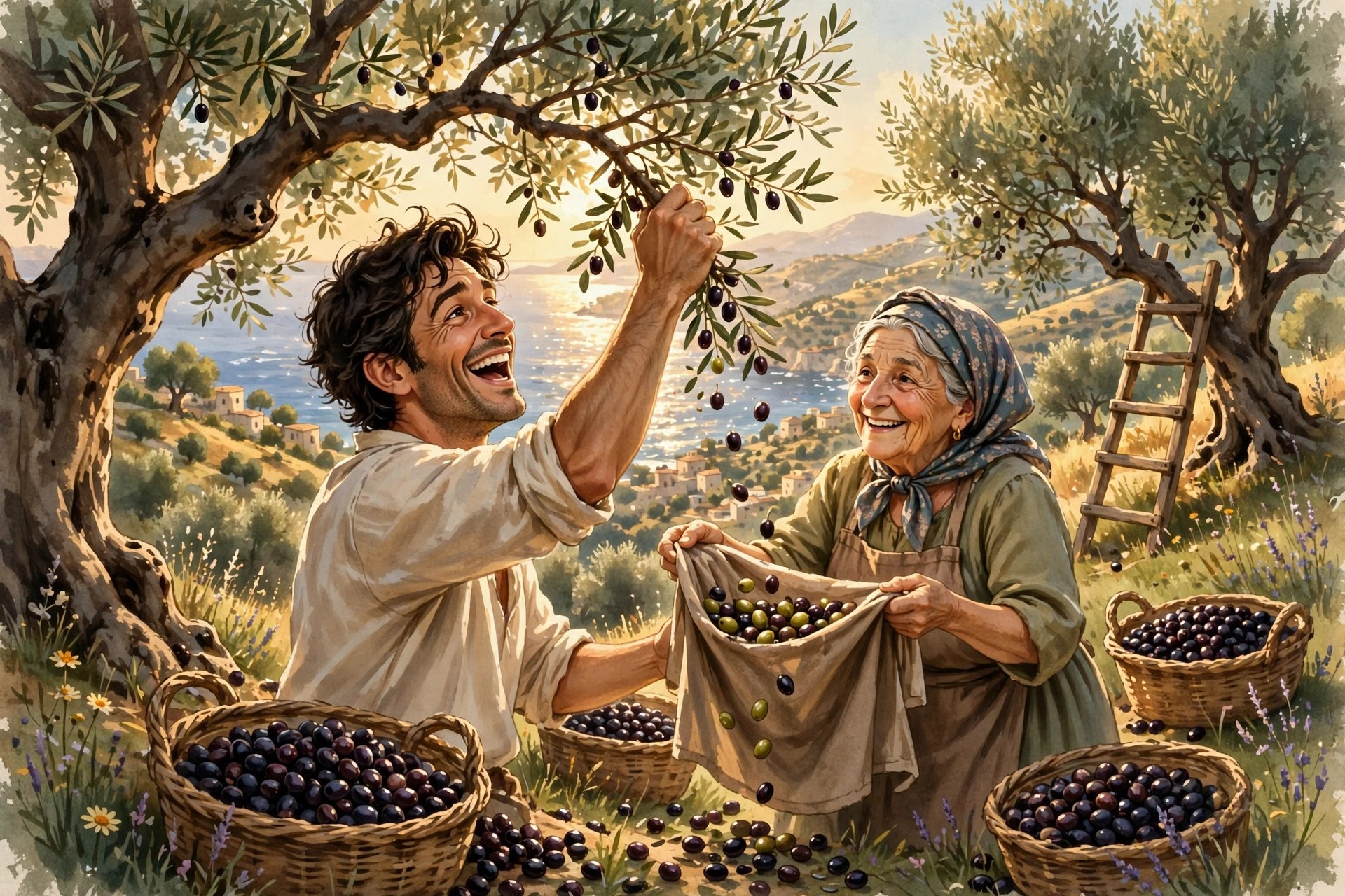 AI-generated illustration of the olive harvest in a hillside grove above the sea