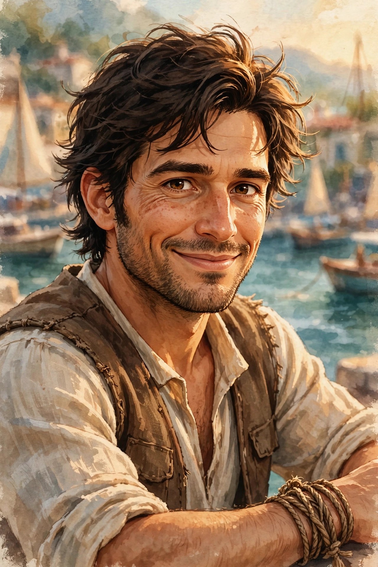 AI-generated portrait of Rafael Moretti, sun-tanned illustrated adventurer with tousled dark hair
