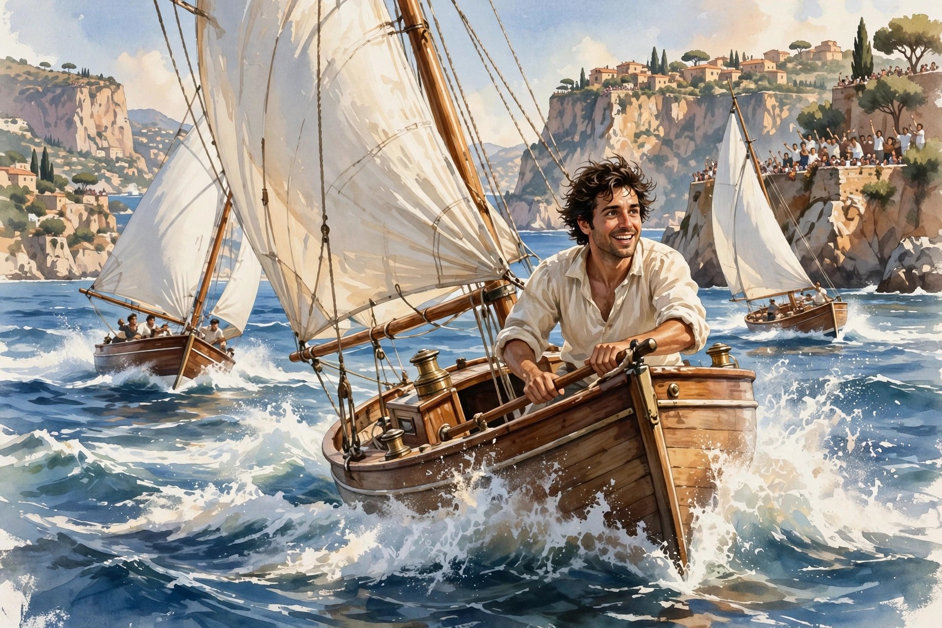 AI-generated illustration of a vintage sailboat regatta with Rafael at the helm of the lead boat