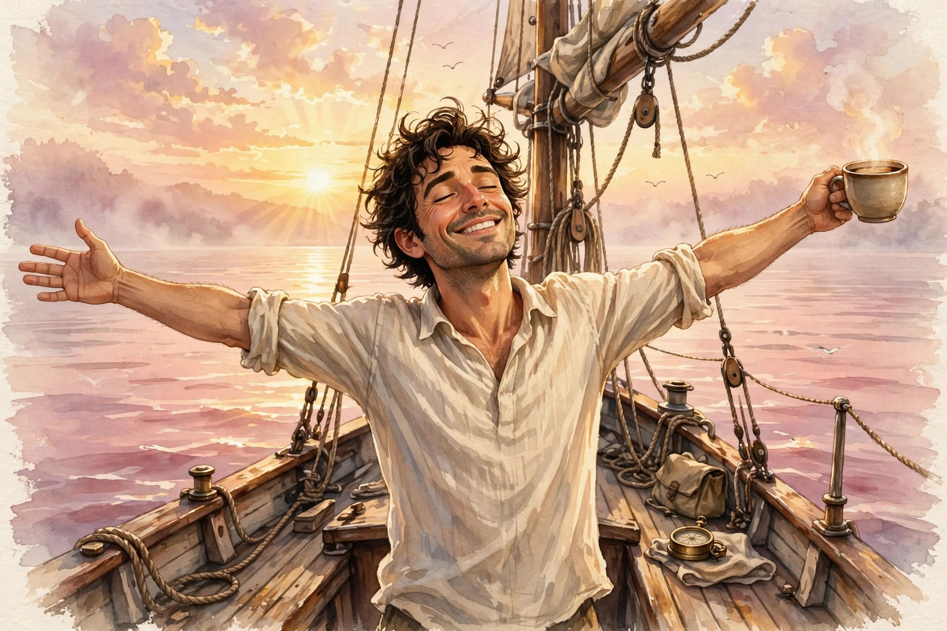 AI-generated illustration of Rafael Moretti greeting the sunrise on deck with coffee