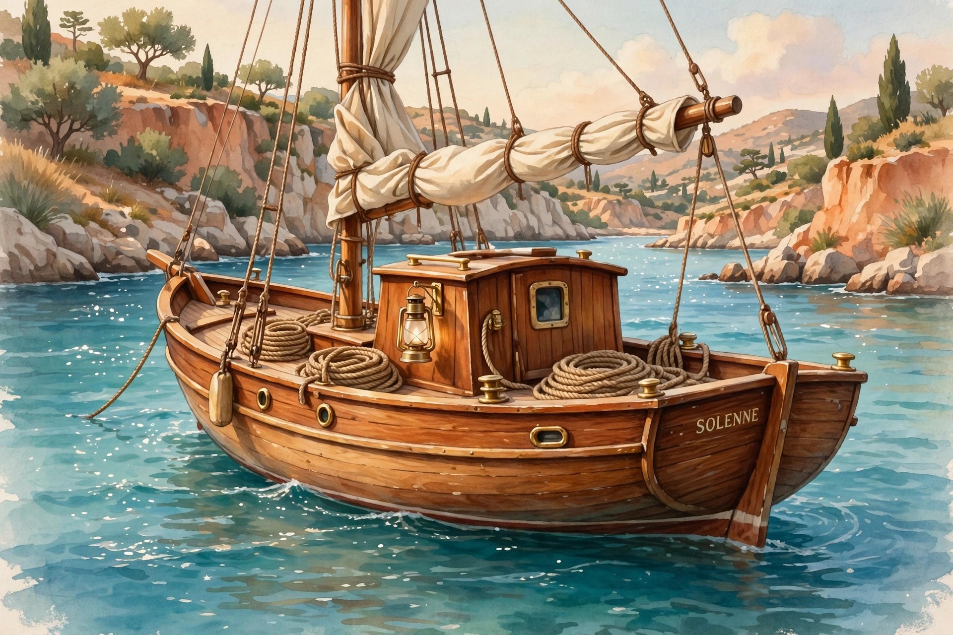 AI-generated illustration of the vintage wooden sailboat Solenne anchored in a turquoise cove