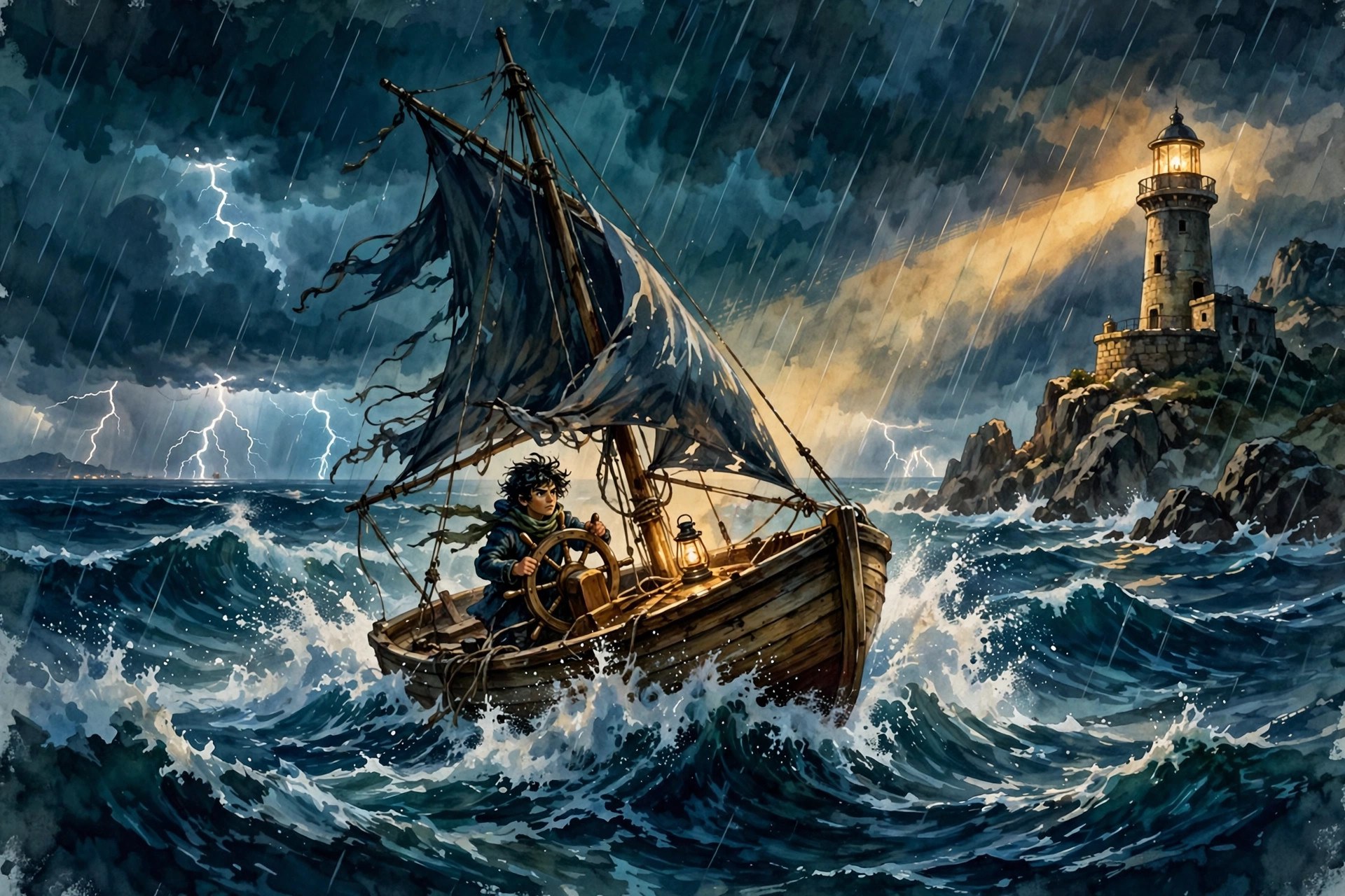 AI-generated illustration of a small sailboat in a night storm near a lighthouse beam