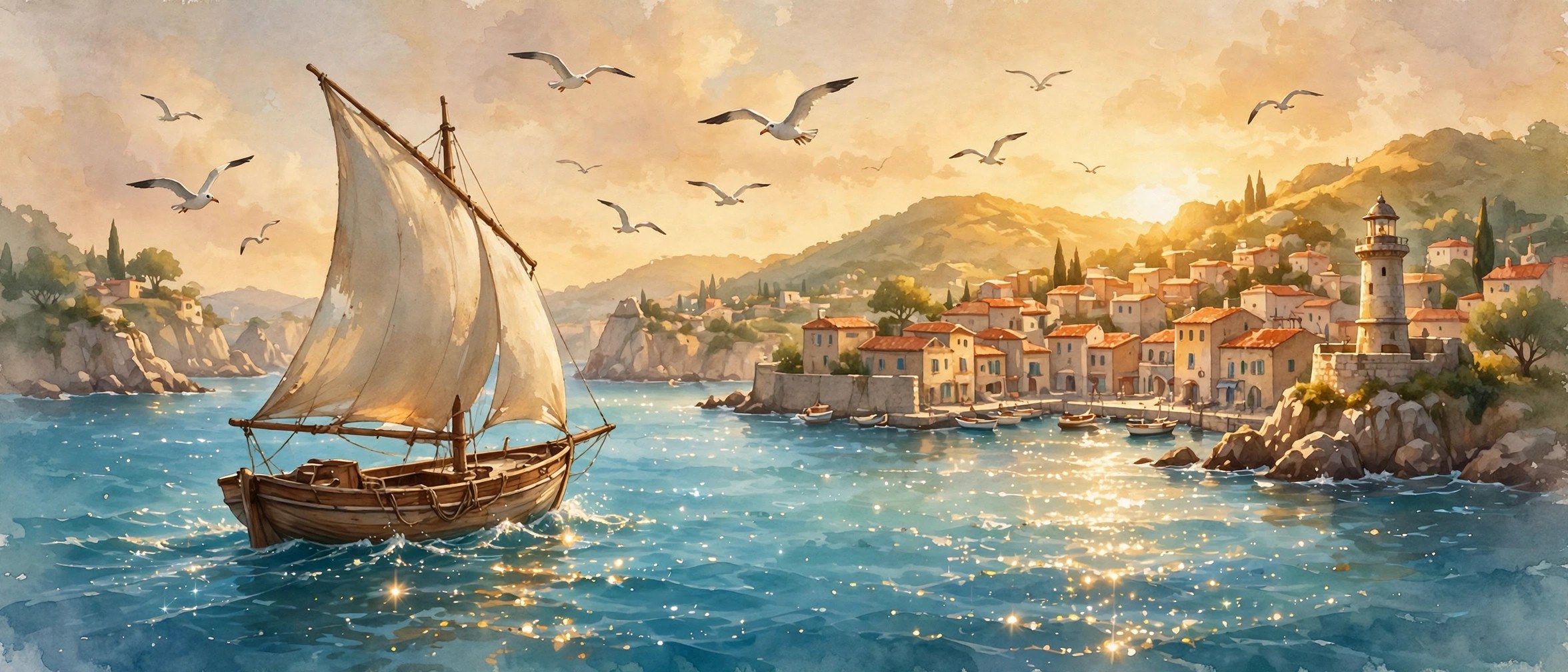 AI-generated panoramic illustration of a sailboat approaching Porto Chiaro harbor at golden hour
