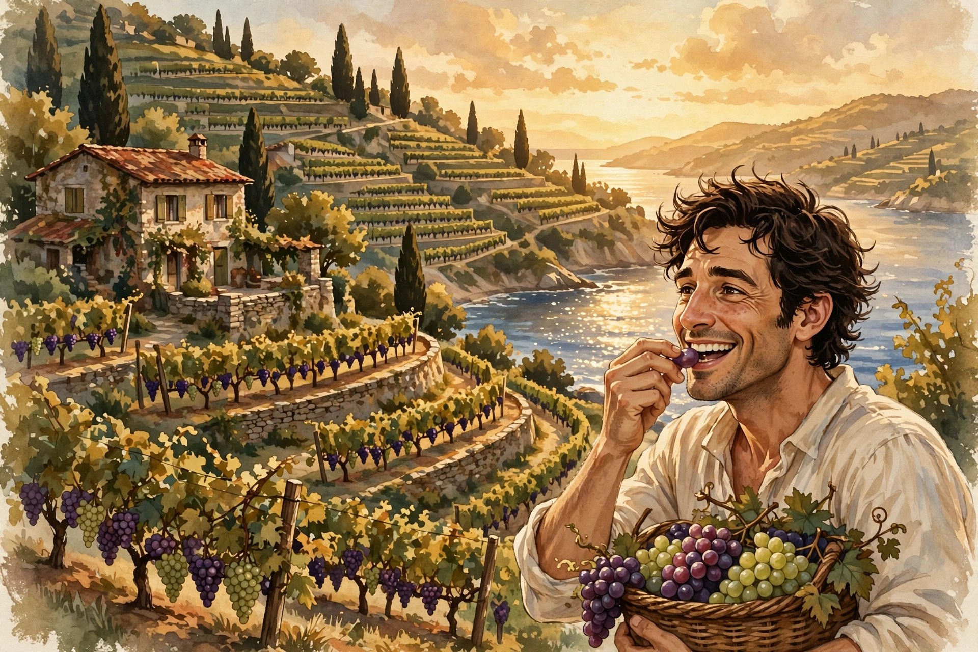 AI-generated illustration of vineyard terraces cascading toward the sea with Rafael tasting a grape