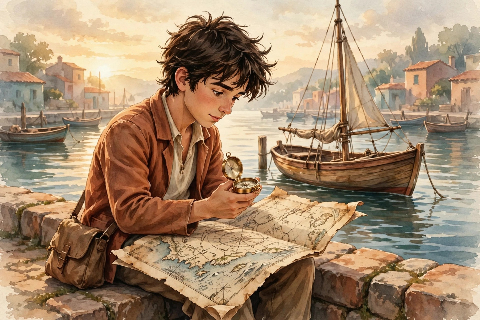 AI-generated illustration of a young Rafael studying an old sea chart on the harbor wall at sunrise