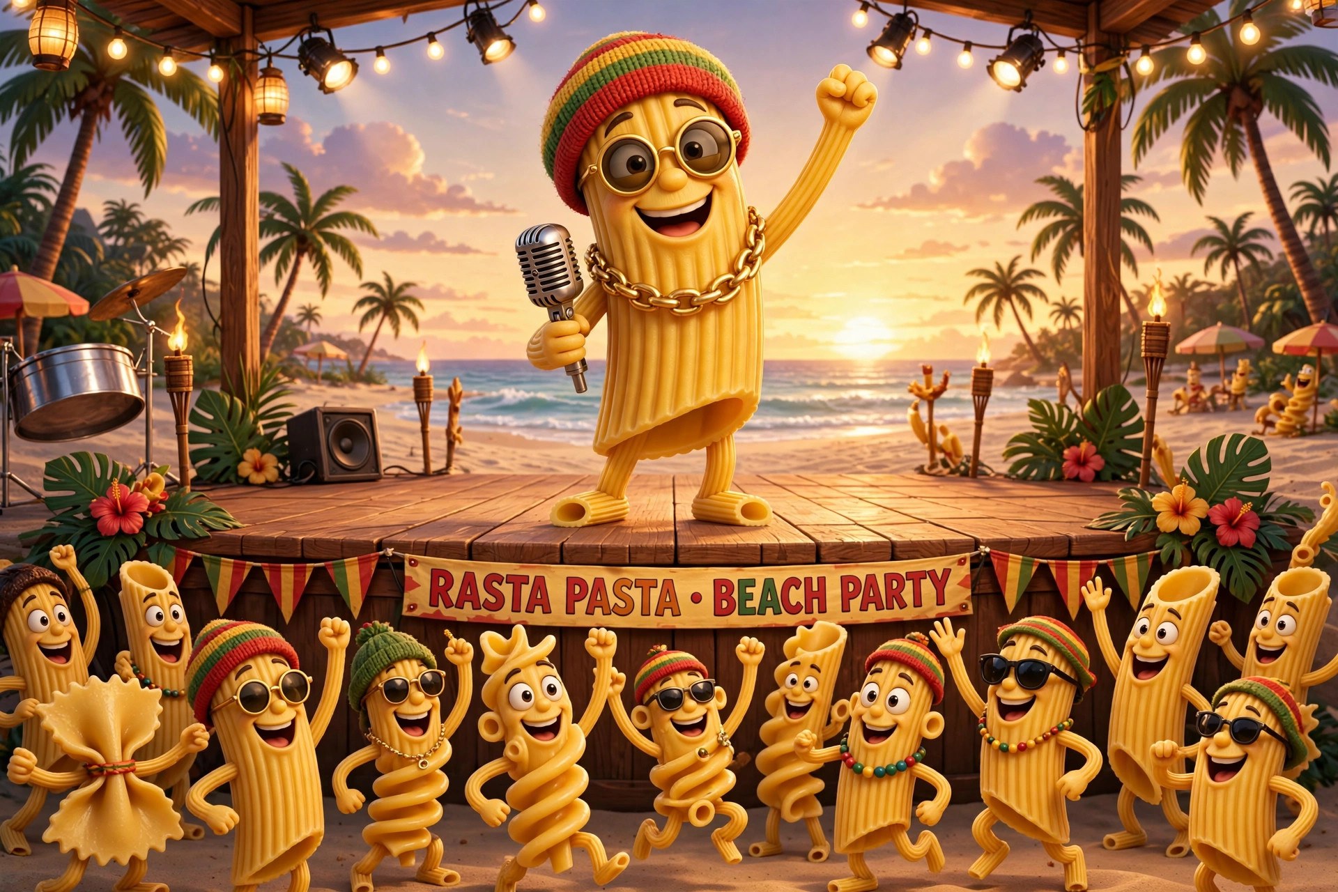 Rasta Pasta performing on the Jerkwater Beach stage at sunset, crowd swaying