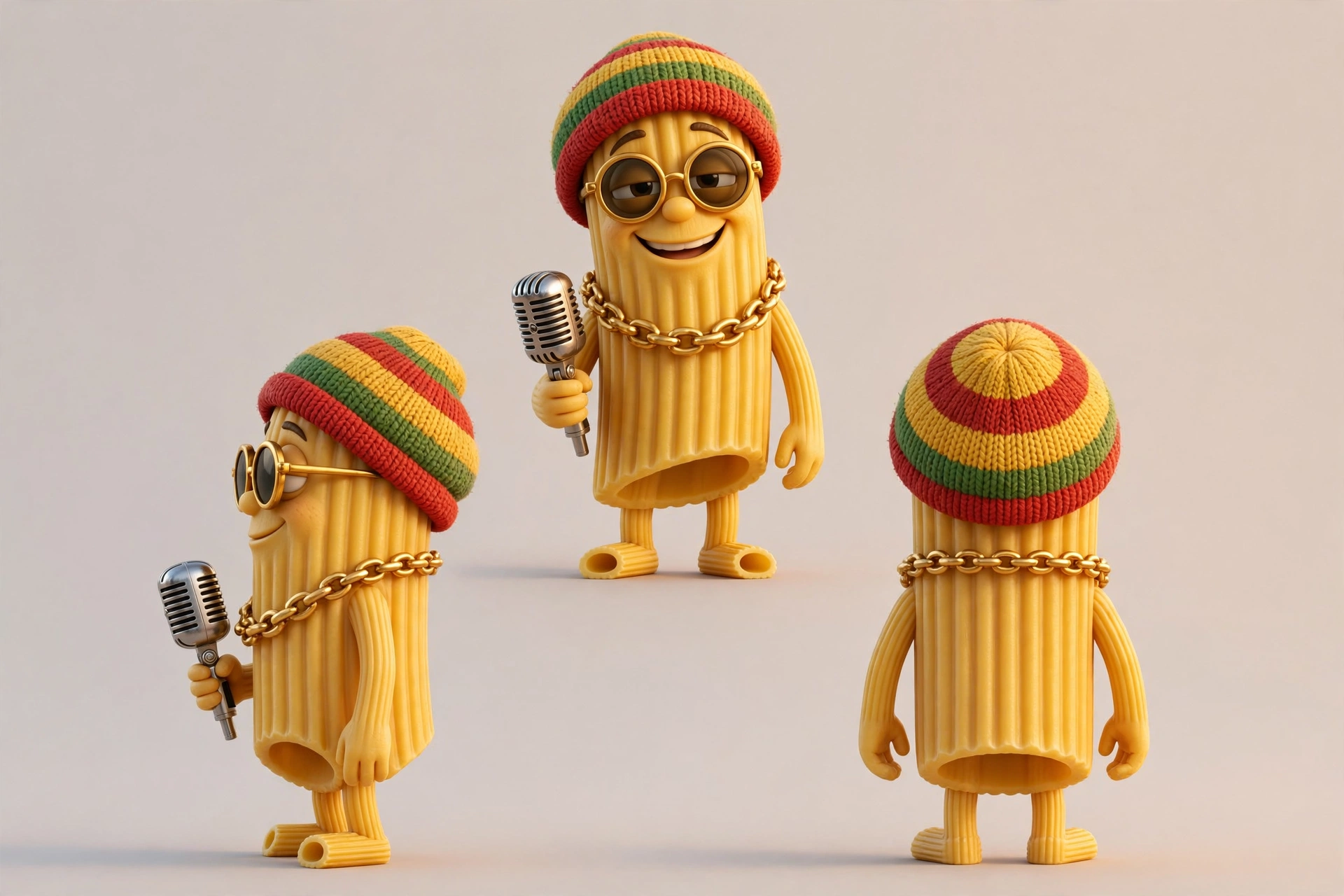 Full-body character reference of Rasta Pasta: a golden penne in a red-gold-green tam, sunglasses, and gold chain