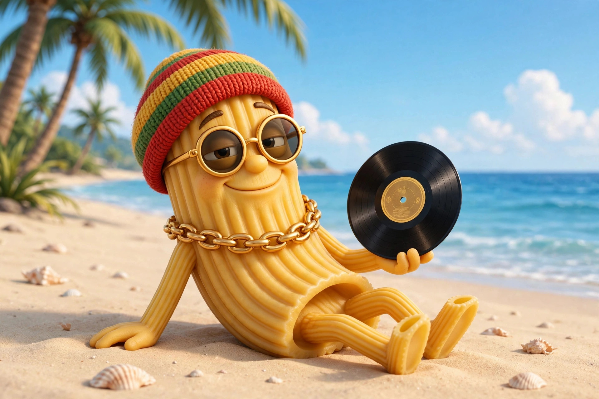 Rasta Pasta chilling with a vinyl record, easy smile, ocean behind