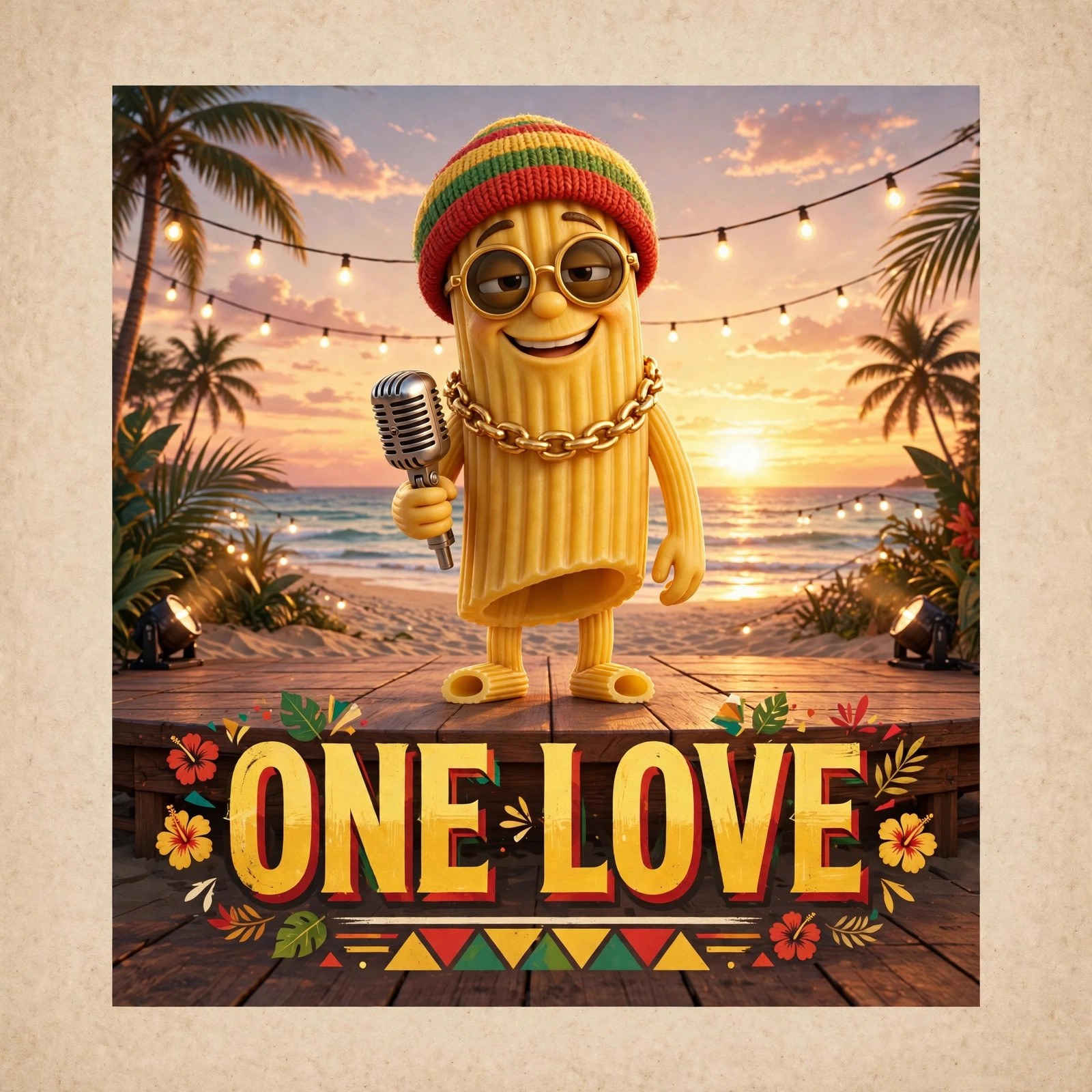 Social share image: Rasta Pasta with the words ONE LOVE