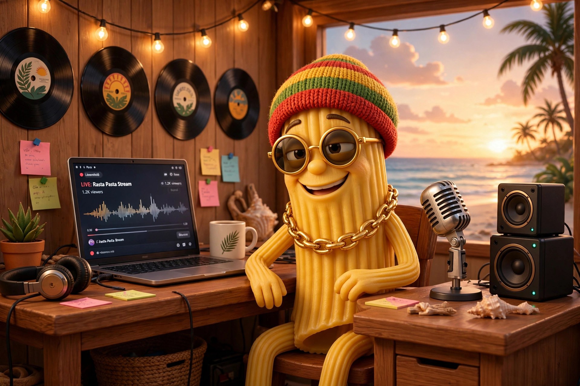 Rasta Pasta at a beachside streaming setup with vinyl records and sunset