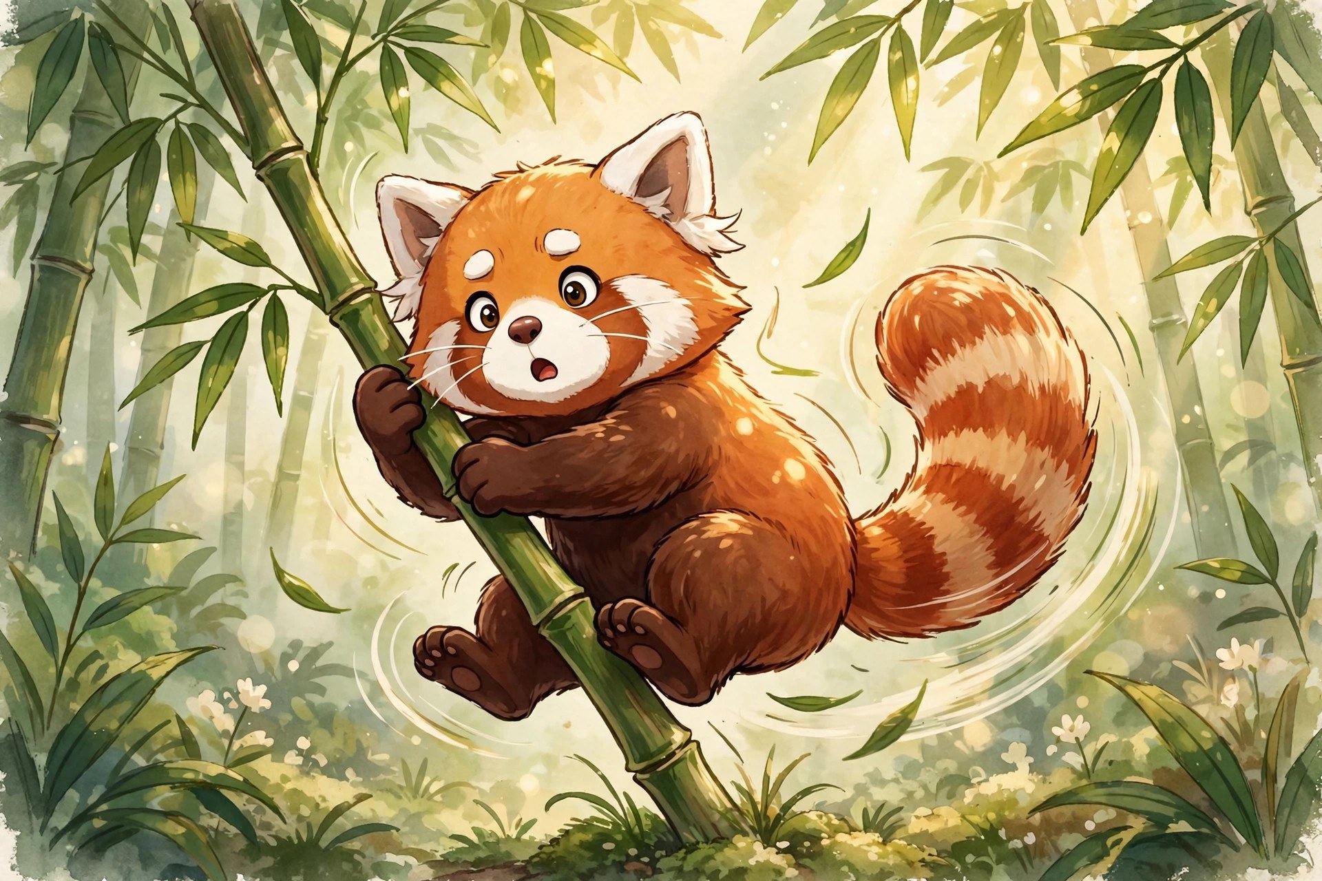 red panda climbing a bamboo stalk