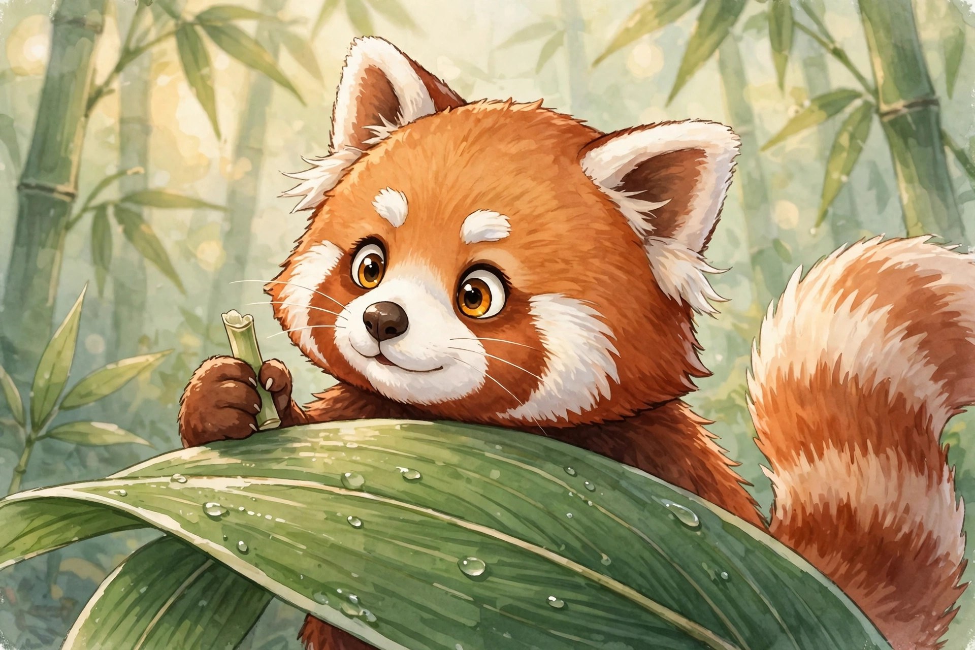 red panda peeking over a leaf