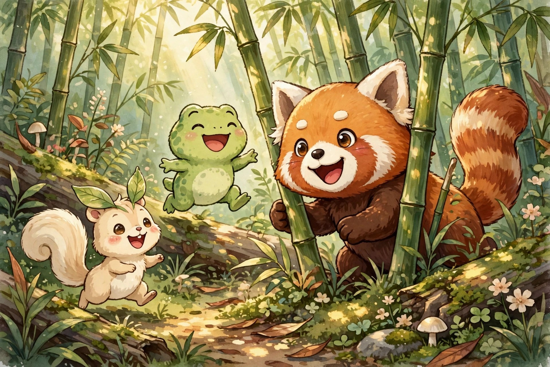 red panda playing with friends