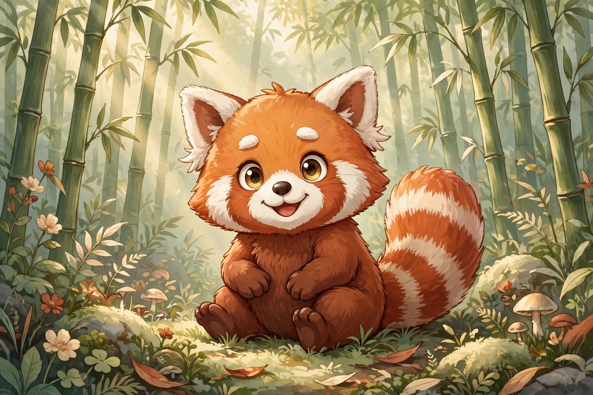 red panda among bamboo stalks in morning light