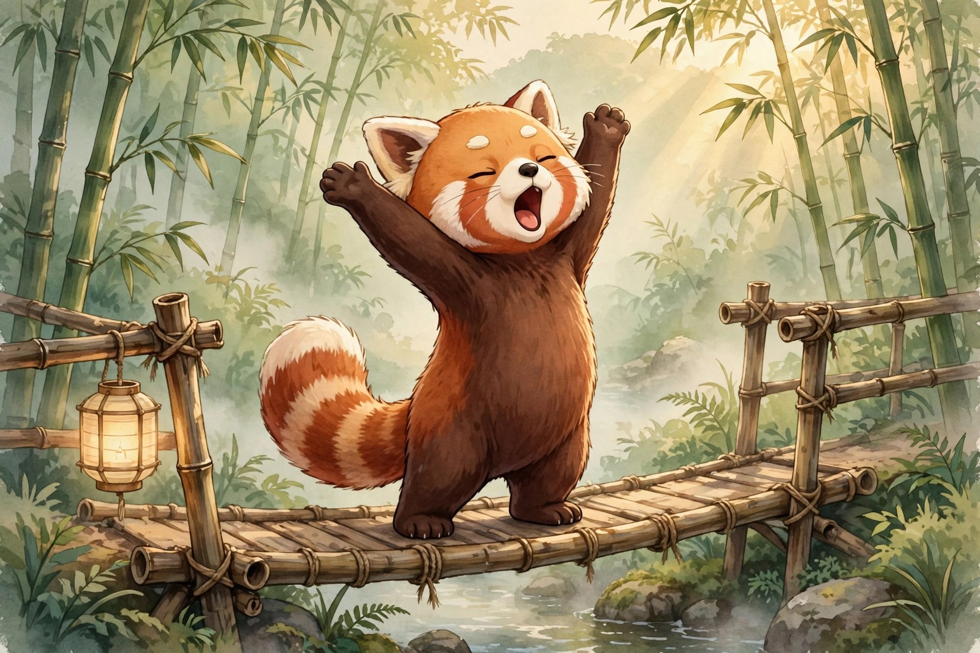 red panda stretching on a bamboo bridge at dawn