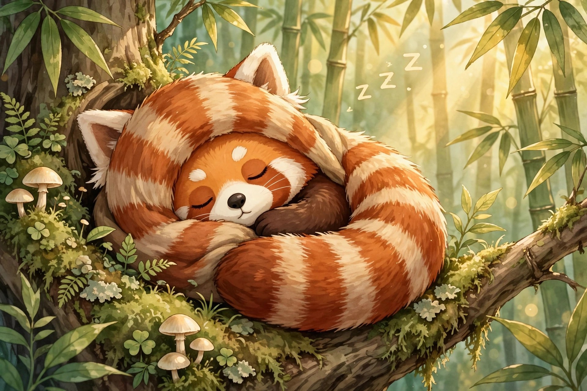 red panda napping in a tree fork