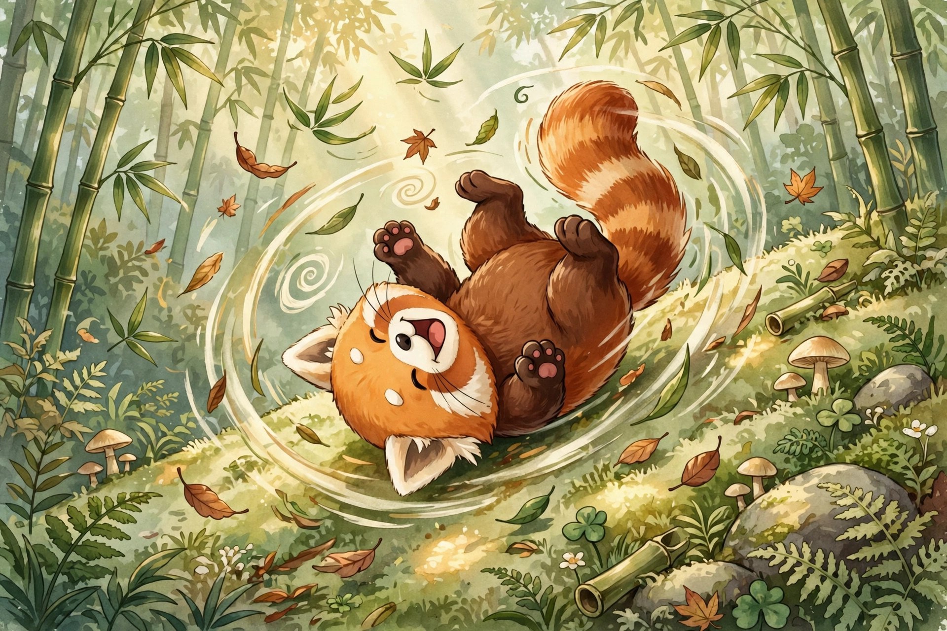 red panda tumbling down a hill