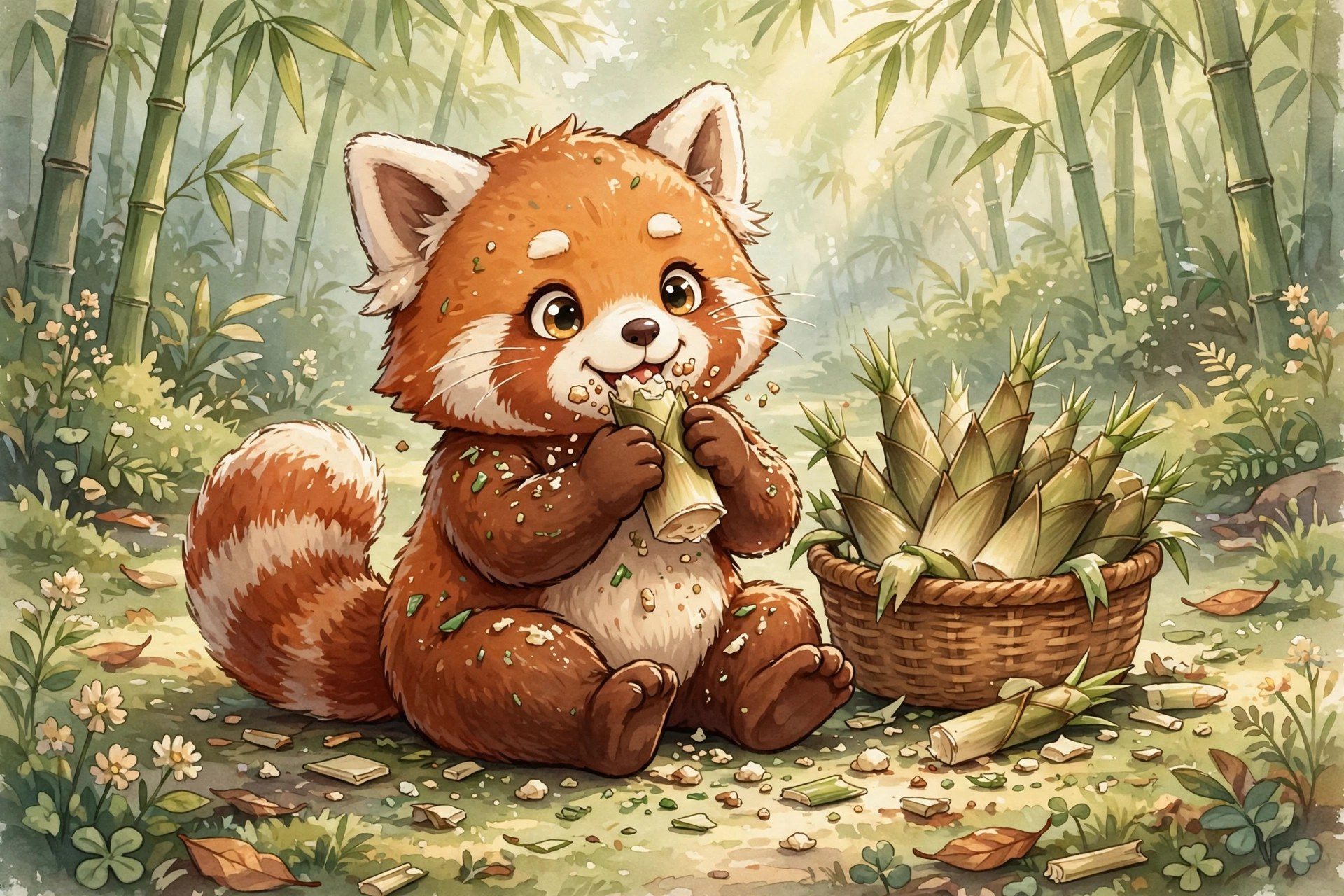 red panda munching bamboo shoots