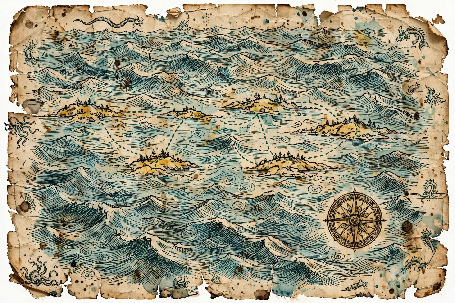 AI-generated dramatization art: an antique pirate chart of stormy seas with voyage routes