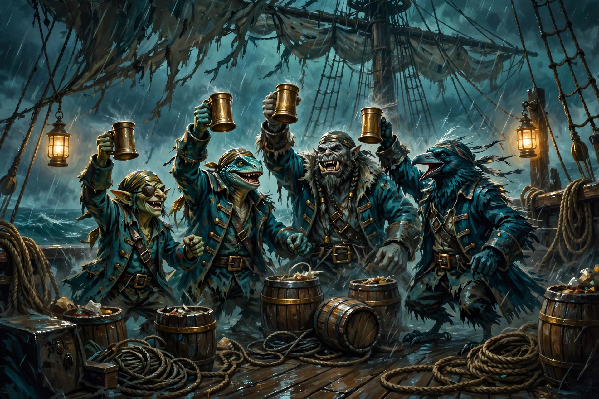 AI-generated dramatization art: the pirate crew celebrating on deck in a storm