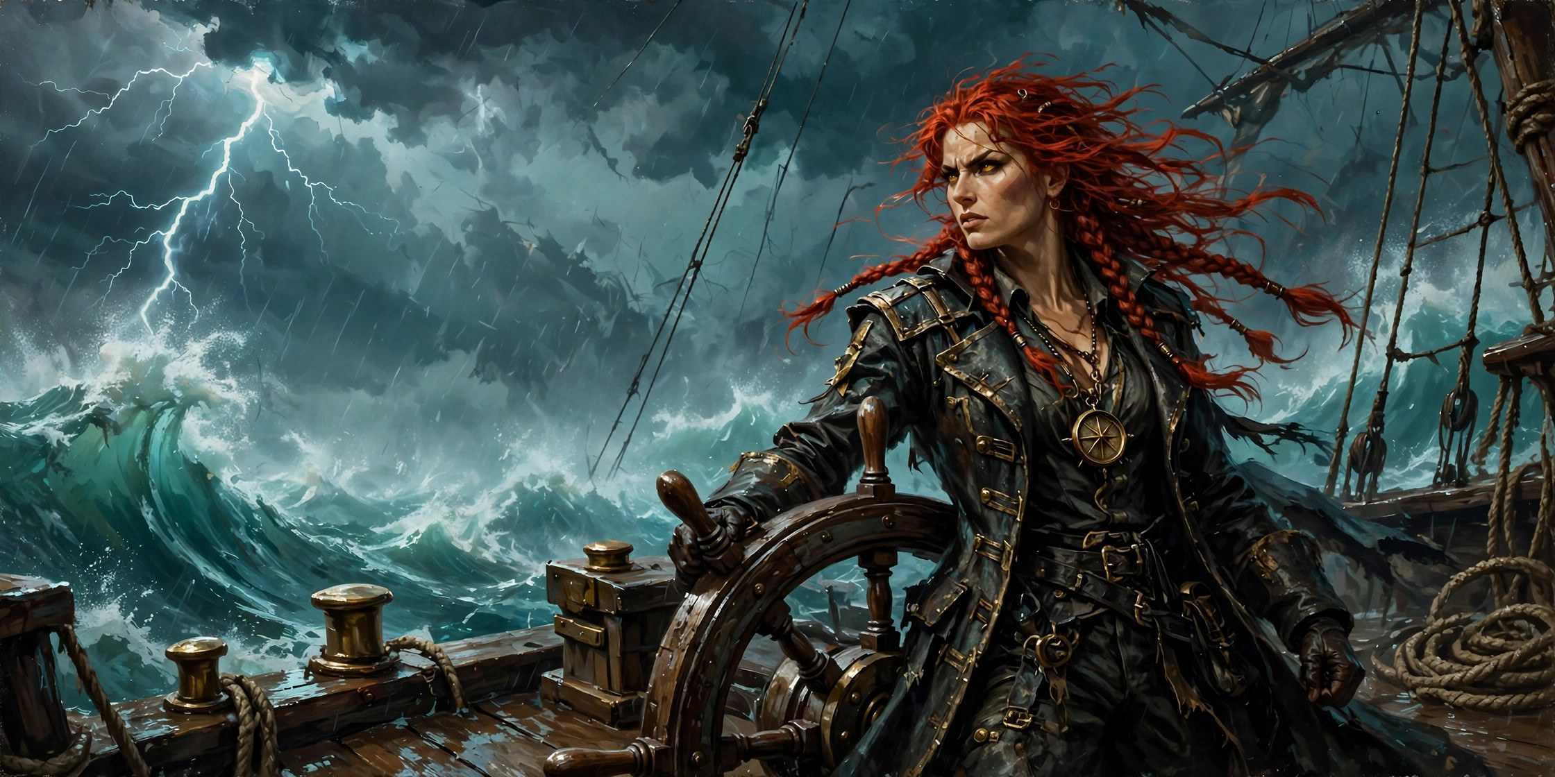 AI-generated dramatization art of Rhea Stormwake at the helm of her ship in a storm