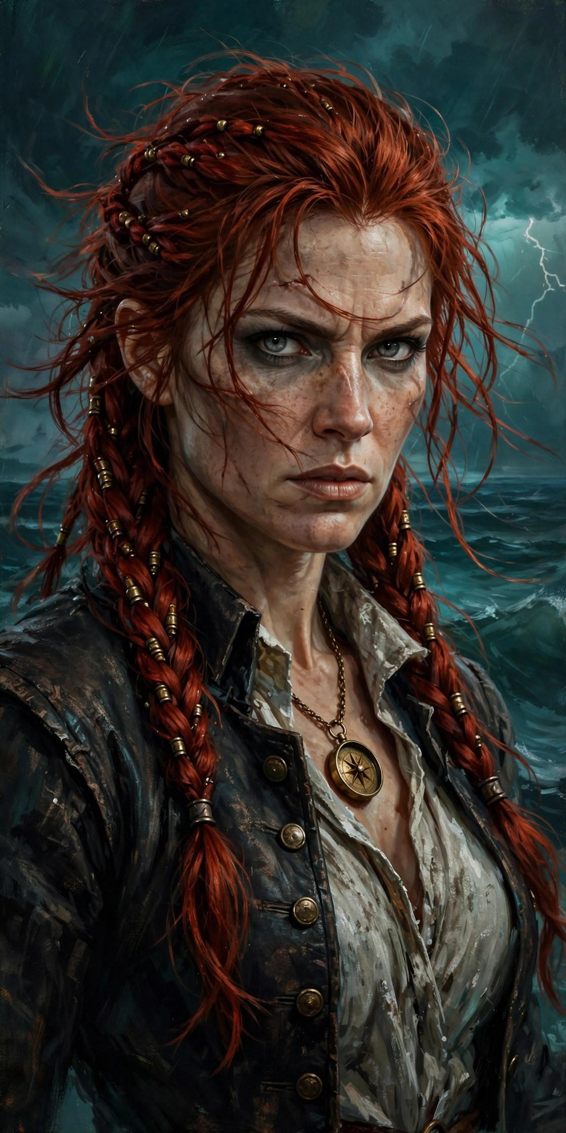 AI-generated dramatization art: portrait of Rhea Stormwake, red-haired pirate captain