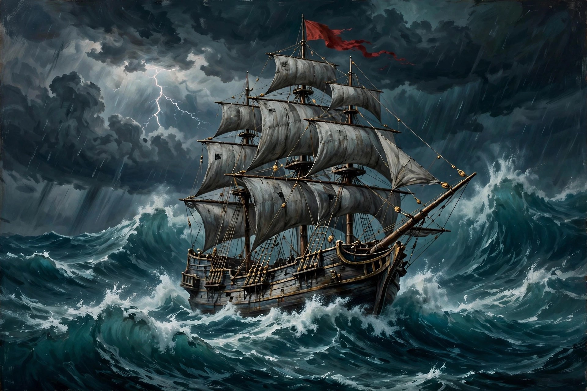 AI-generated dramatization art: the pirate ship Widow's Wake under full sail in a storm