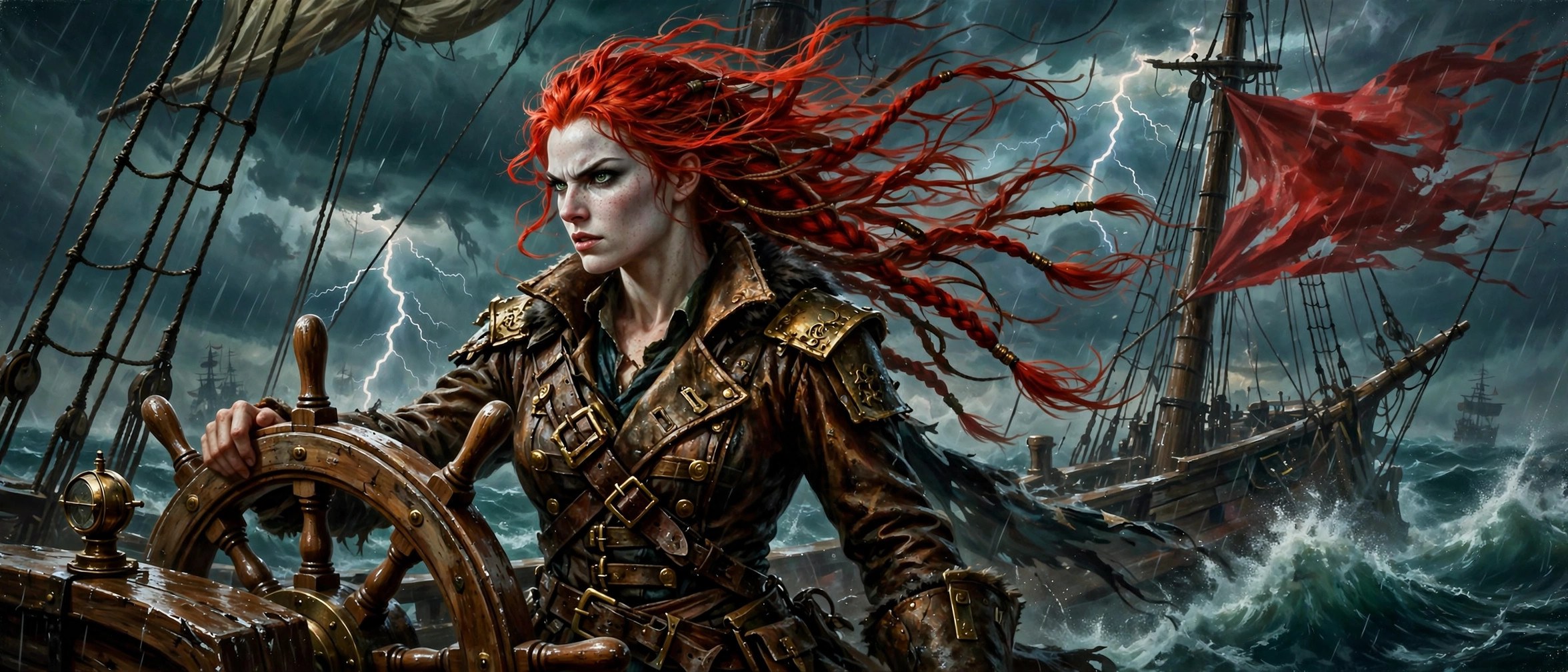 AI-generated dramatization art: Rhea Stormwake at the helm in a storm, stream banner