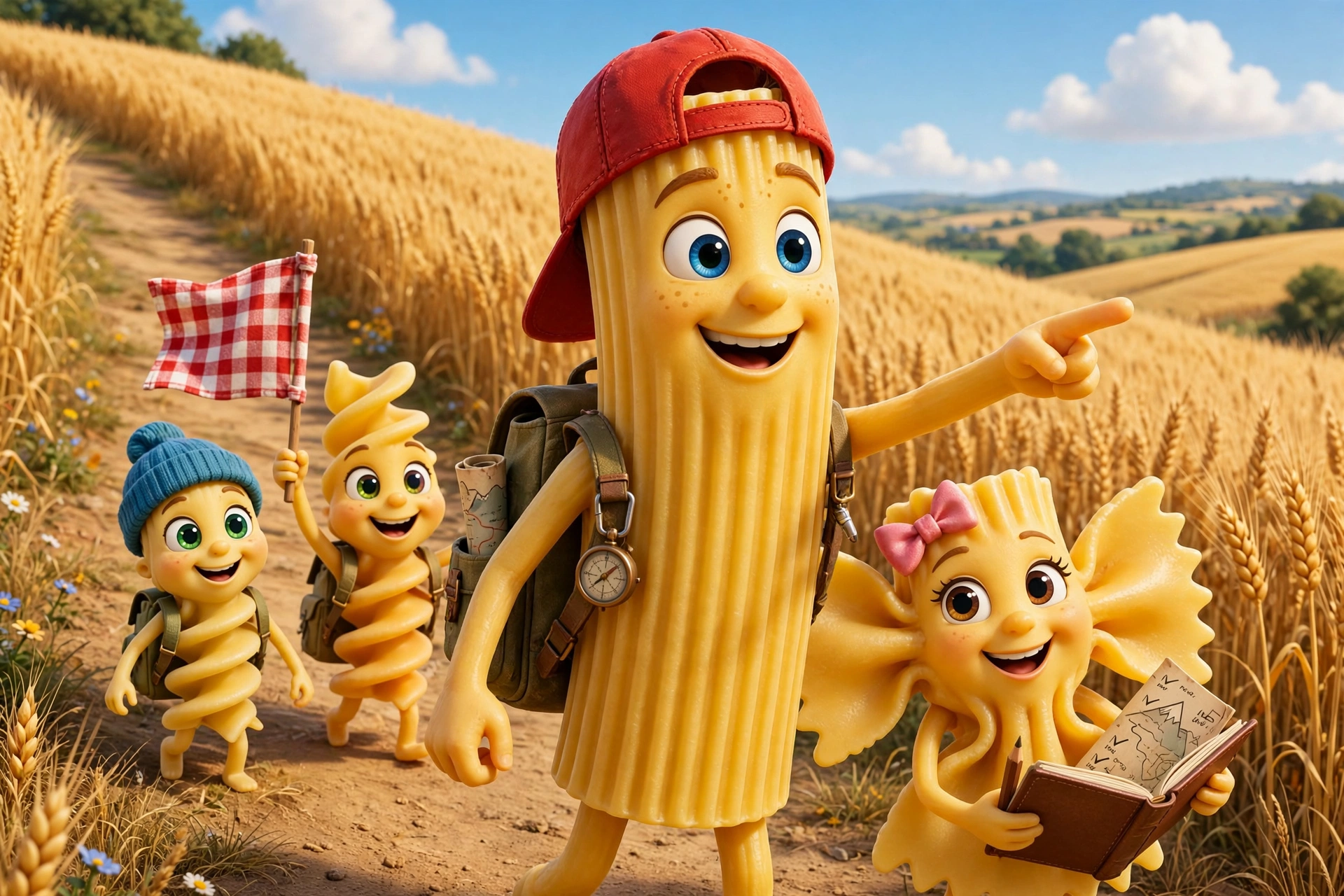 an optimistic 13-year-old rigatoni kid pasta tube cartoon character: smaller ridged rigatoni tube body, big excited eyes