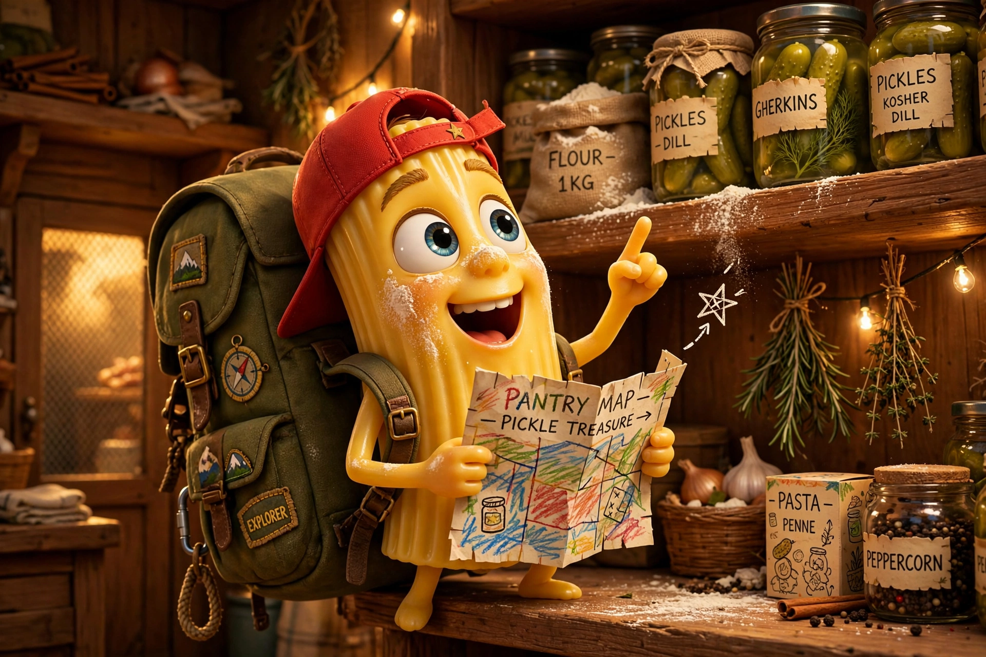 an optimistic 13-year-old rigatoni kid pasta tube cartoon character: smaller ridged rigatoni tube body, big excited eyes