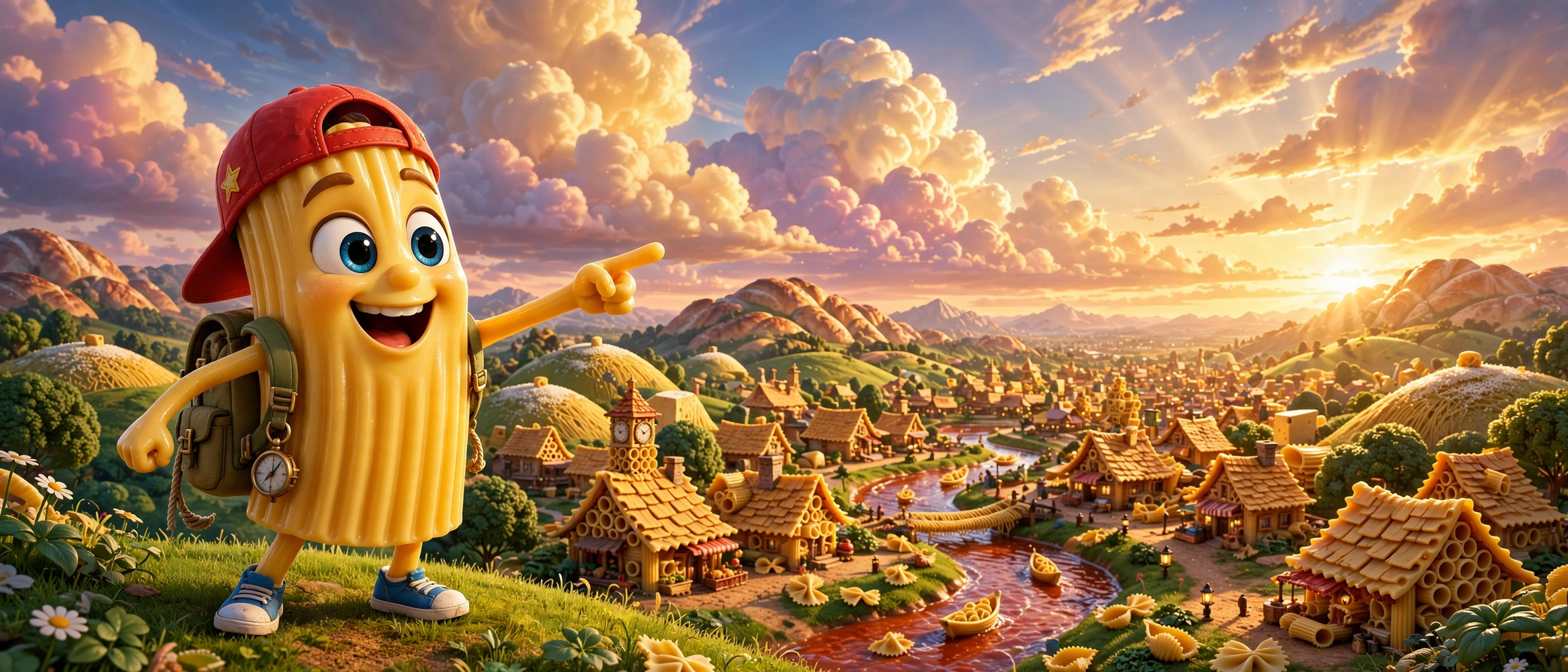 AI-generated dramatization: Ricky Macaroni the cartoon rigatoni kid explorer on a hill overlooking Pastalia
