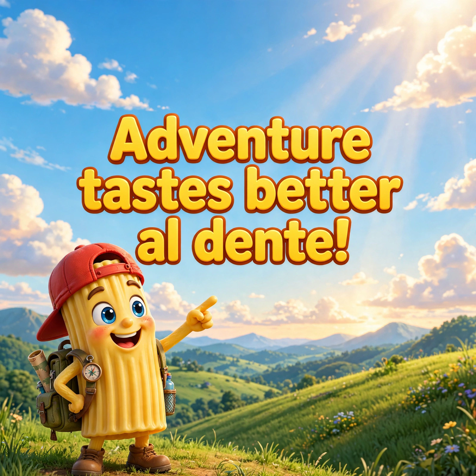 AI-generated dramatization: Ricky Macaroni social card — 'Adventure tastes better al dente!'